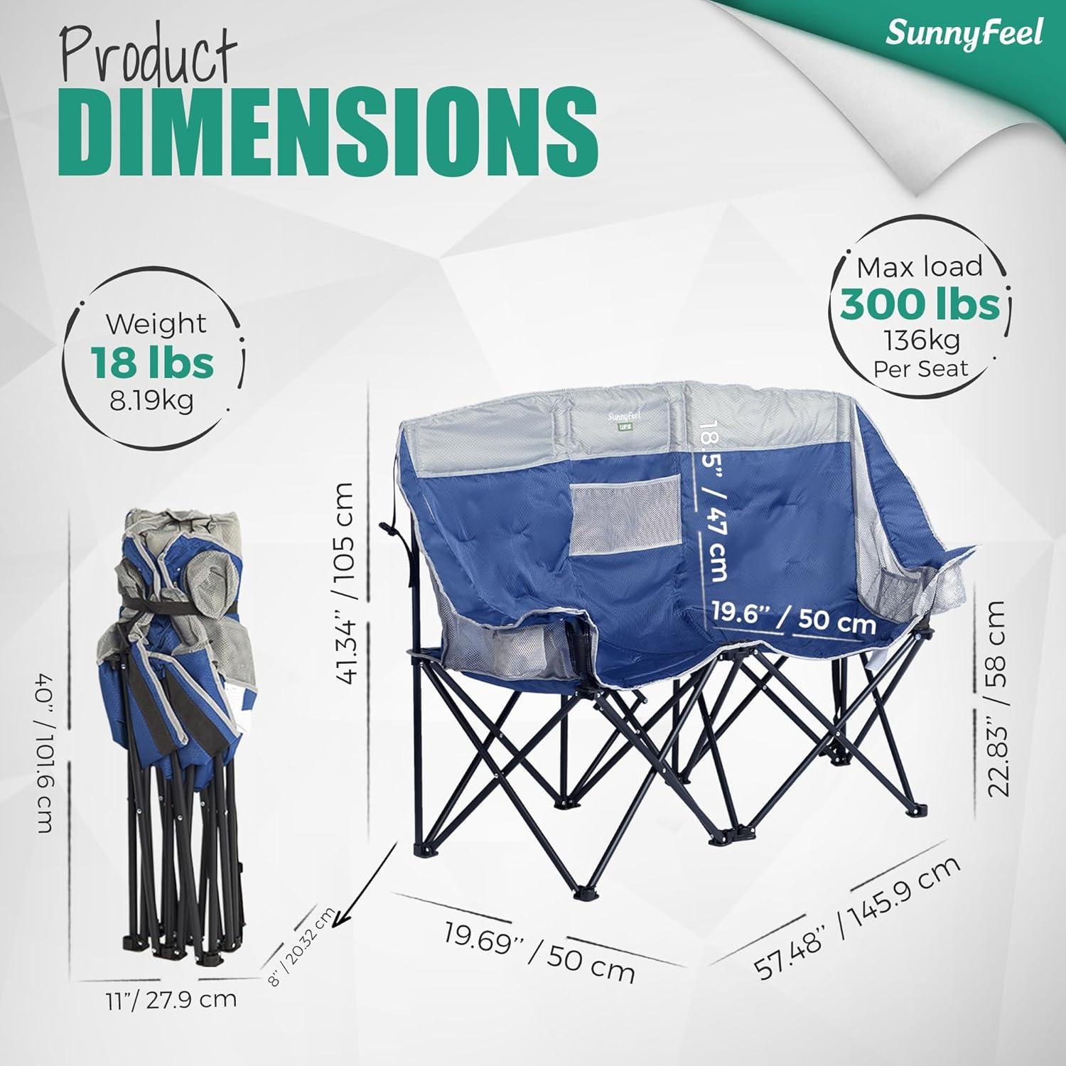 image:imageSUNNYFEEL Folding Double Camping Chair Oversized Loveseat Chair Heavy Duty PortableFoldable Lawn Chair with Storage for OutsideOutdoorTravelPicnic Fold Up Camp Chairs for Adults 2 PeopleDark Blue