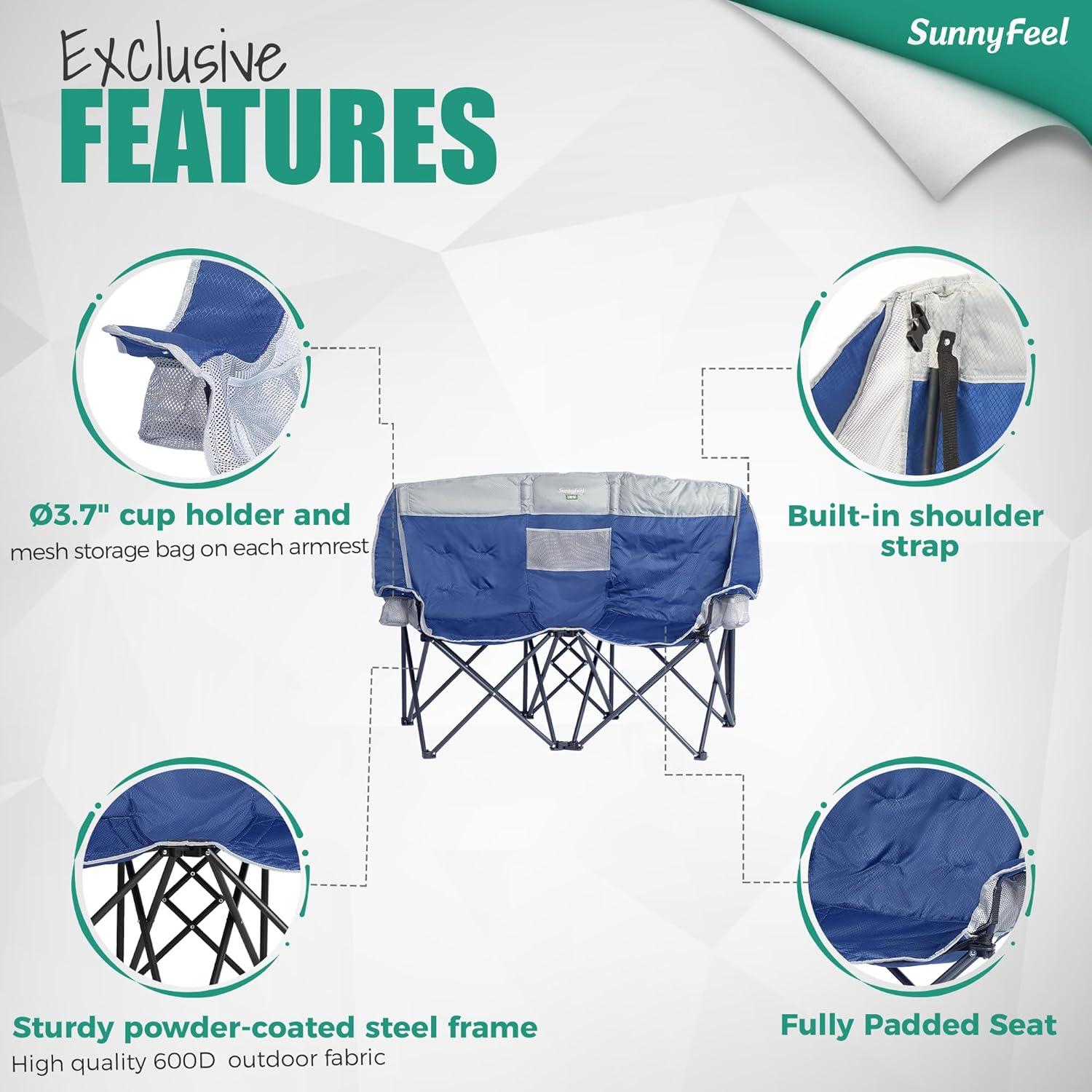 image:imageSUNNYFEEL Folding Double Camping Chair Oversized Loveseat Chair Heavy Duty PortableFoldable Lawn Chair with Storage for OutsideOutdoorTravelPicnic Fold Up Camp Chairs for Adults 2 PeopleDark Blue