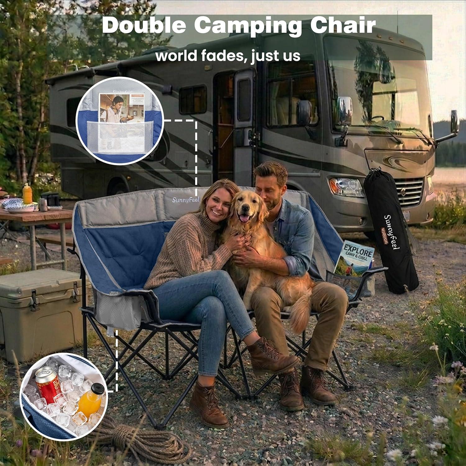 image:imageSUNNYFEEL Folding Double Camping Chair Oversized Loveseat Chair Heavy Duty PortableFoldable Lawn Chair with Storage for OutsideOutdoorTravelPicnic Fold Up Camp Chairs for Adults 2 PeopleDark Bluecooler