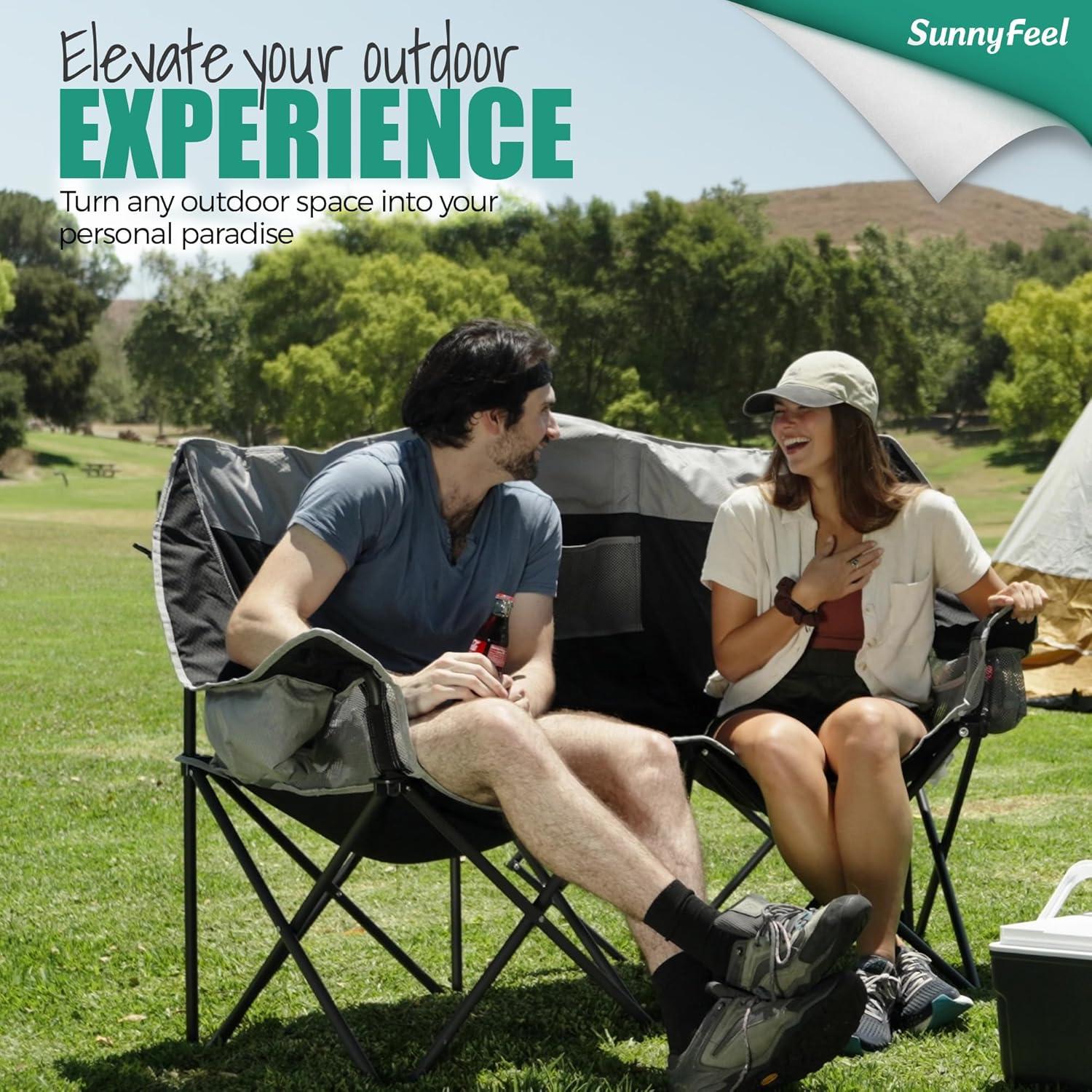 image:imageSUNNYFEEL Folding Double Camping Chair Oversized Loveseat Chair Heavy Duty PortableFoldable Lawn Chair with Storage for OutsideOutdoorTravelPicnic Fold Up Camp Chairs for Adults 2 PeopleGreyblue
