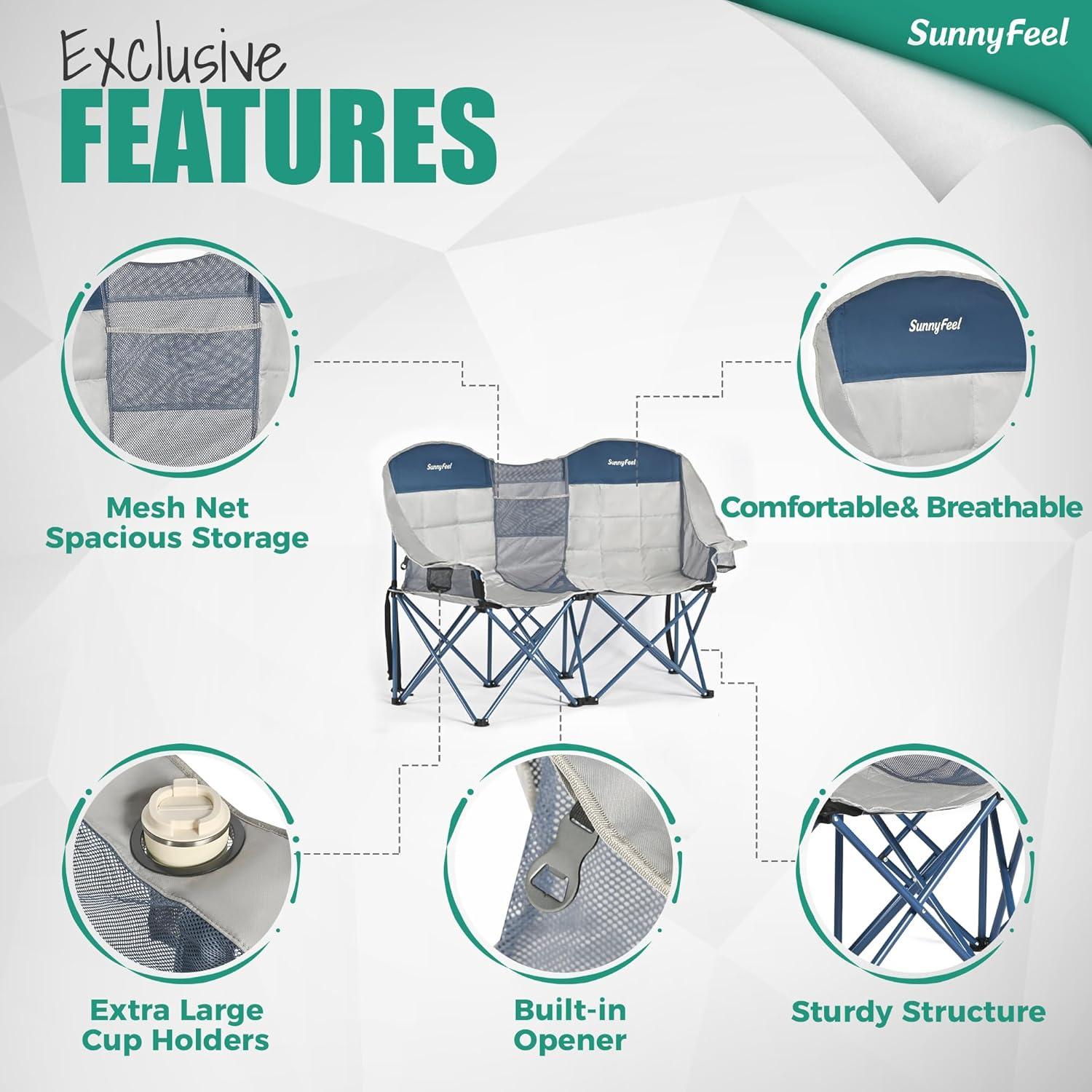 image:imageSUNNYFEEL Folding Double Camping Chair Oversized Loveseat Chair Heavy Duty PortableFoldable Lawn Chair with Storage for OutsideOutdoorTravelPicnic Fold Up Camp Chairs for Adults 2 PeopleGreyblue