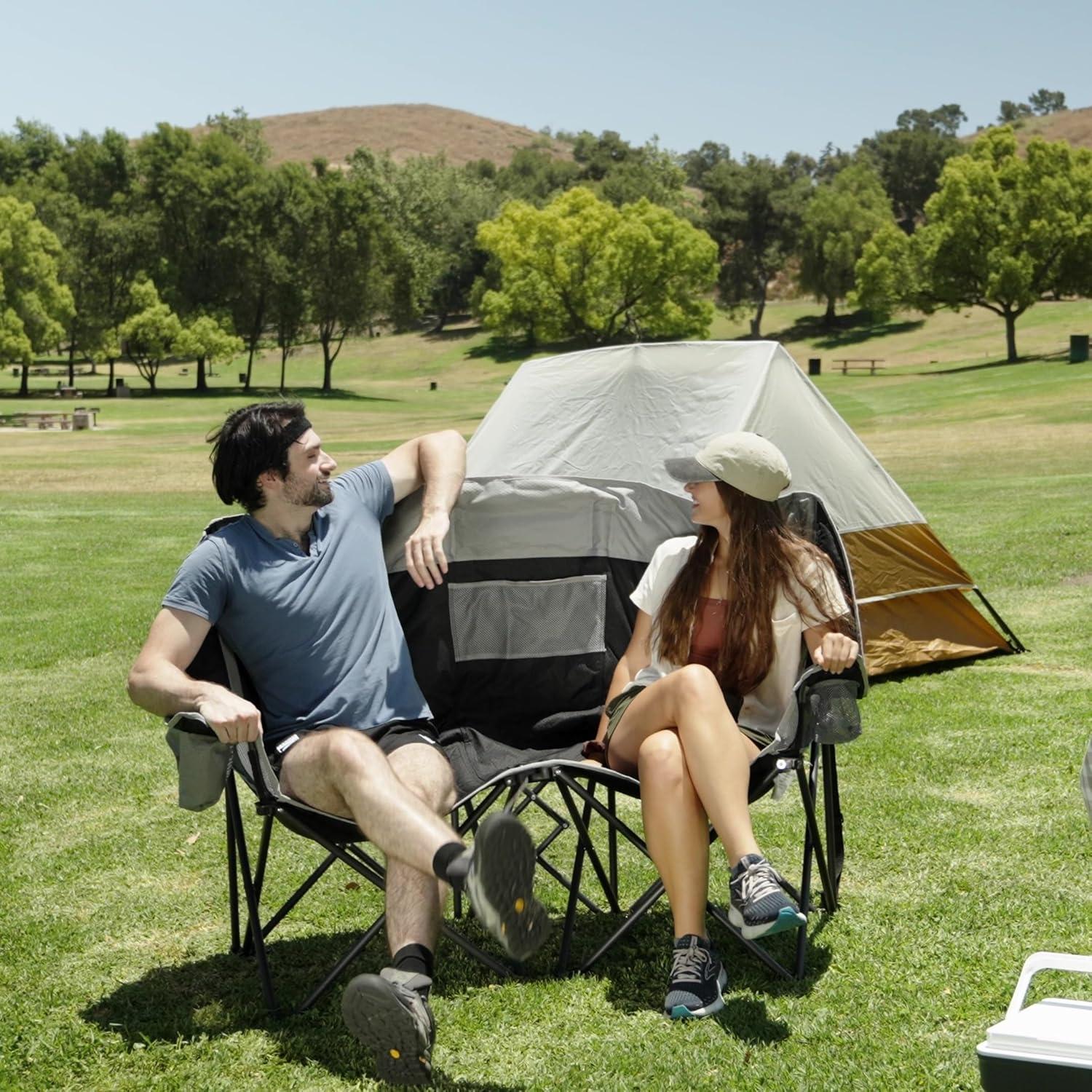 image:imageSUNNYFEEL Folding Double Camping Chair Oversized Loveseat Chair Heavy Duty PortableFoldable Lawn Chair with Storage for OutsideOutdoorTravelPicnic Fold Up Camp Chairs for Adults 2 PeopleDark Blue