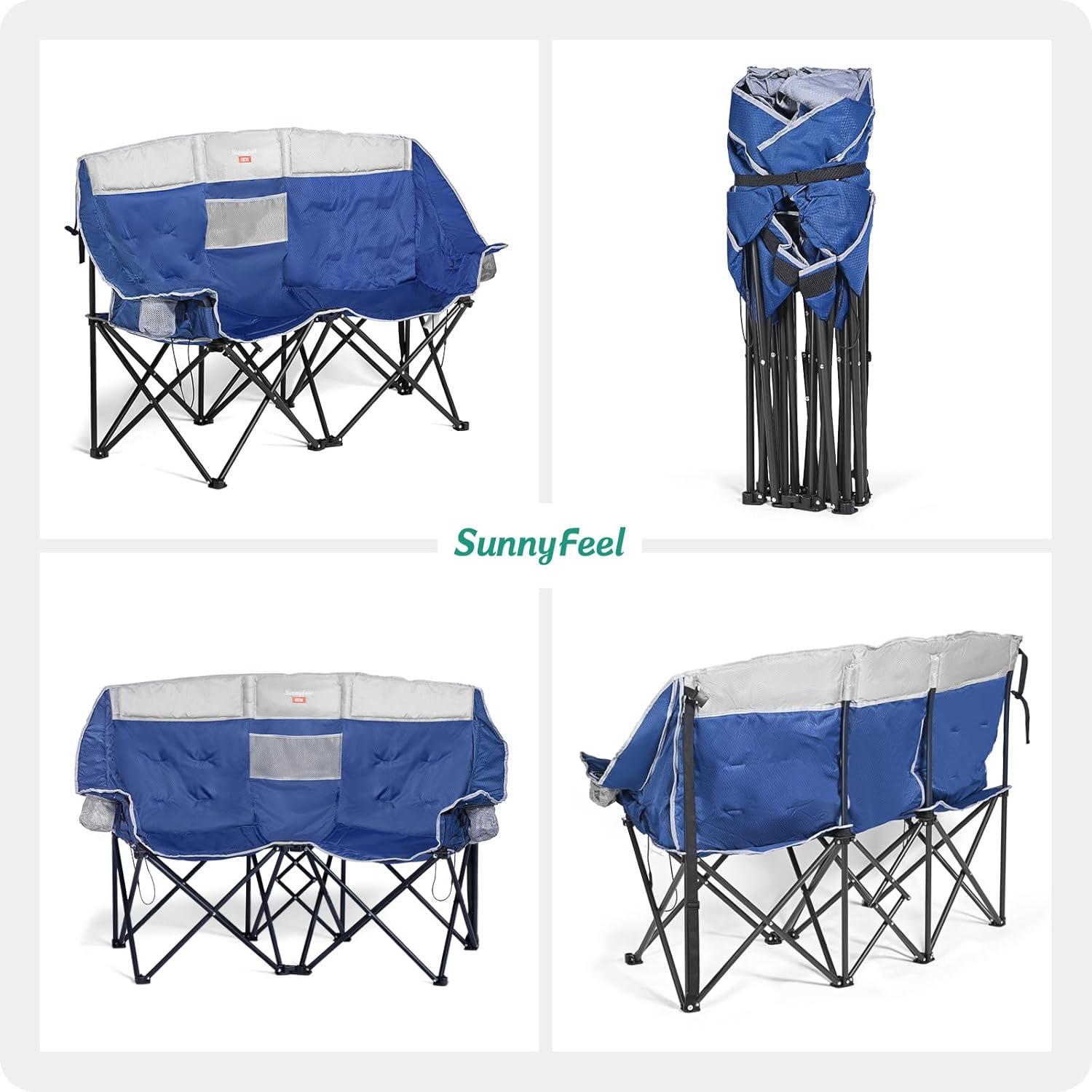 image:imageSUNNYFEEL Heated Double Camping Chair Oversized Folding Loveseat Chair Heavy Duty PortableFoldable Lawn Chair for BeachOutdoorTravelPicnic Fold Up Camp Chairs for Adults 2 PeopleBlue