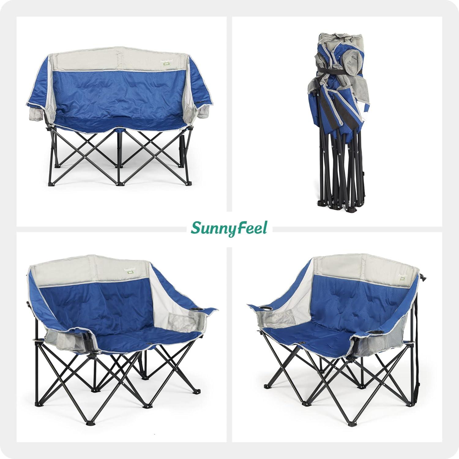 image:imageSUNNYFEEL Heated Double Camping Chair Oversized Folding Loveseat Chair Heavy Duty PortableFoldable Lawn Chair for BeachOutdoorTravelPicnic Fold Up Camp Chairs for Adults 2 PeopleBlue2