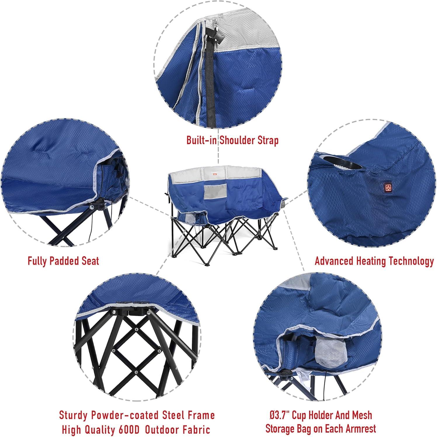 image:imageSUNNYFEEL Heated Double Camping Chair Oversized Folding Loveseat Chair Heavy Duty PortableFoldable Lawn Chair for BeachOutdoorTravelPicnic Fold Up Camp Chairs for Adults 2 PeopleBlue