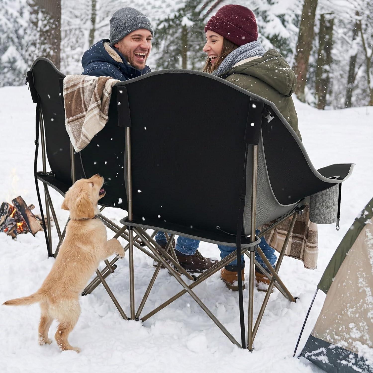 image:imageSUNNYFEEL Heated Double Camping Chair Oversized Folding Loveseat Chair Heavy Duty PortableFoldable Lawn Chair for BeachOutdoorTravelPicnic Fold Up Camp Chairs for Adults 2 PeopleBlack2