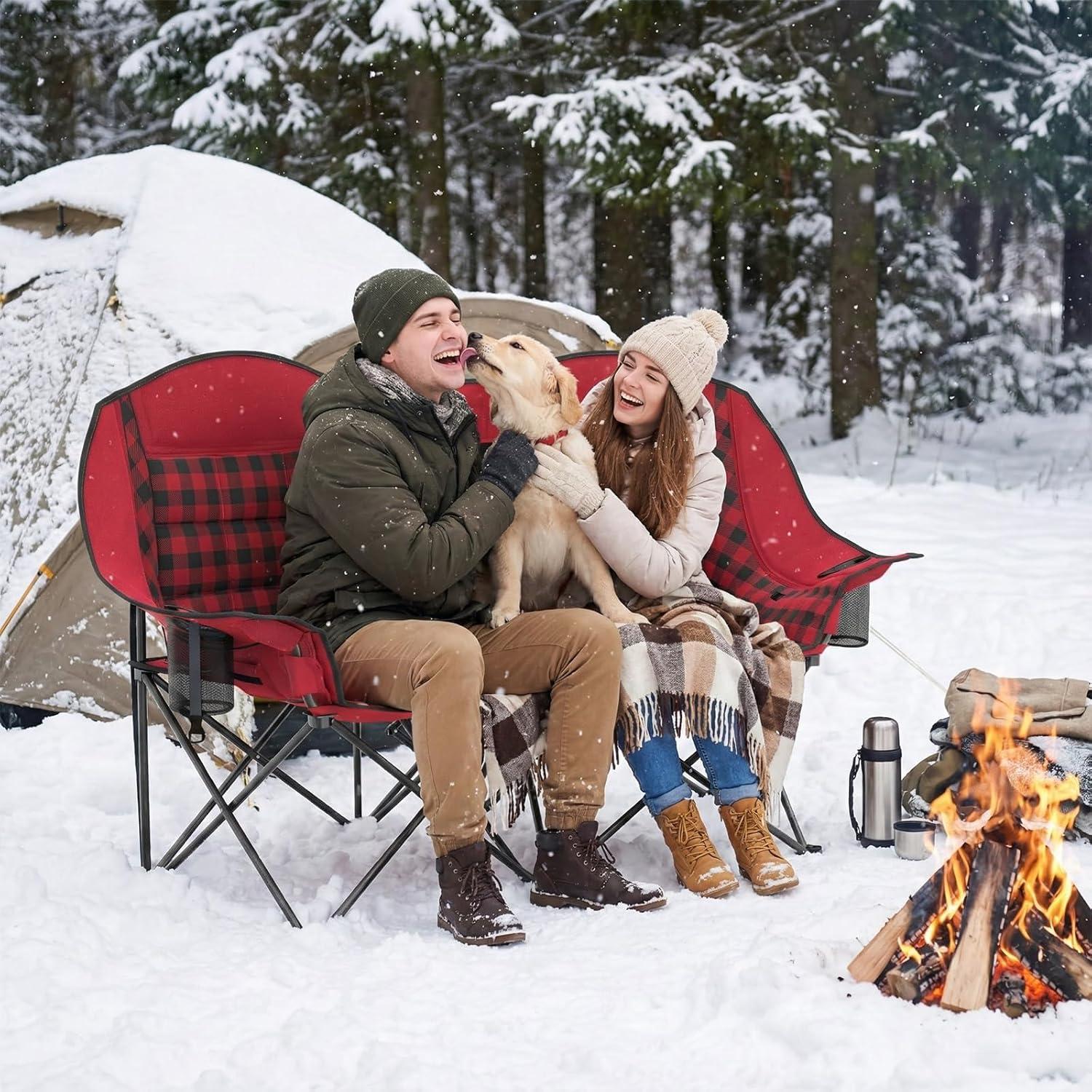 image:imageSUNNYFEEL Heated Double Camping Chair Oversized Folding Loveseat Chair Heavy Duty PortableFoldable Lawn Chair for BeachOutdoorTravelPicnic Fold Up Camp Chairs for Adults 2 PeopleRed