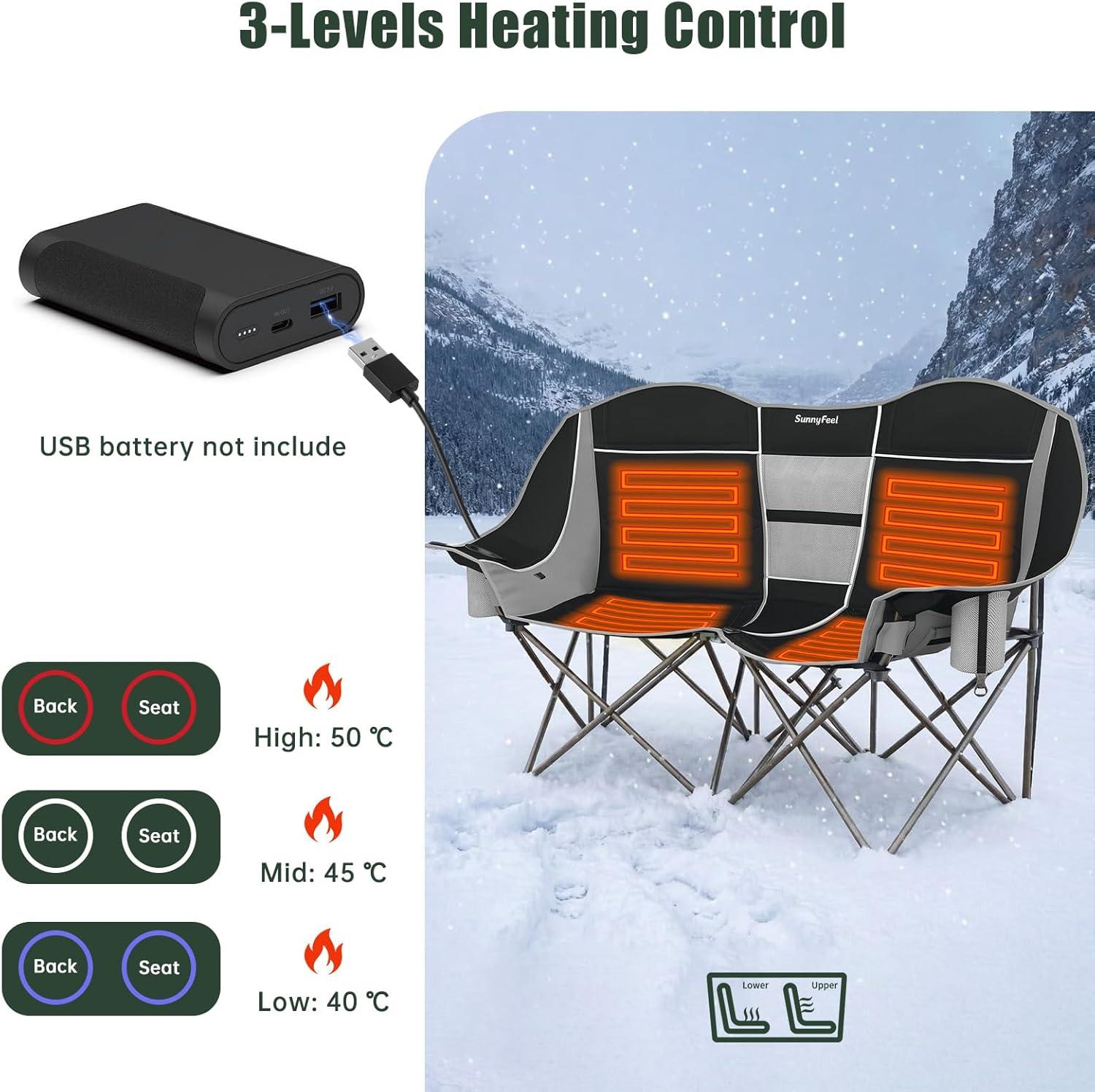 image:imageSUNNYFEEL Heated Double Camping Chair Oversized Folding Loveseat Chair Heavy Duty PortableFoldable Lawn Chair for BeachOutdoorTravelPicnic Fold Up Camp Chairs for Adults 2 PeopleBlack2