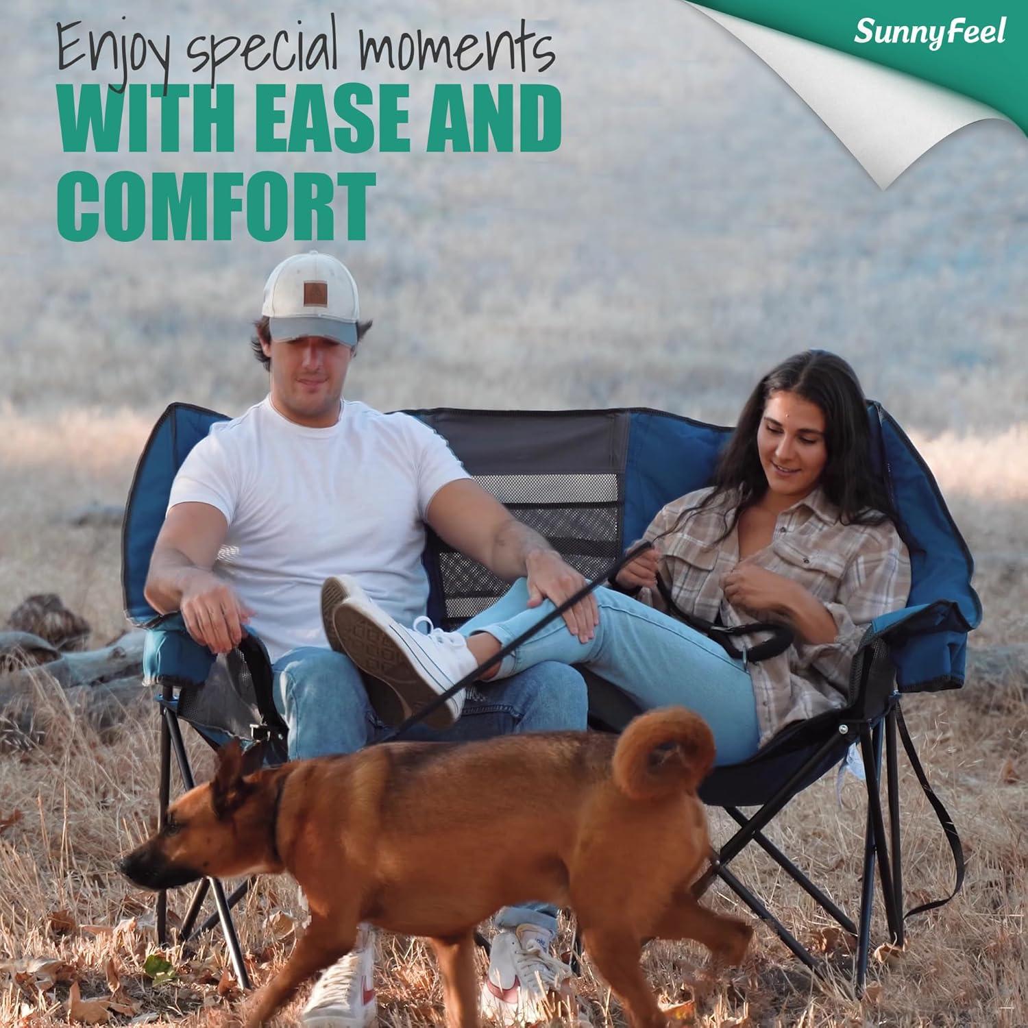 image:imageSUNNYFEEL Heated Double Camping Chair Oversized Folding Loveseat Chair Heavy Duty PortableFoldable Lawn Chair for BeachOutdoorTravelPicnic Fold Up Camp Chairs for Adults 2 PeopleBlue
