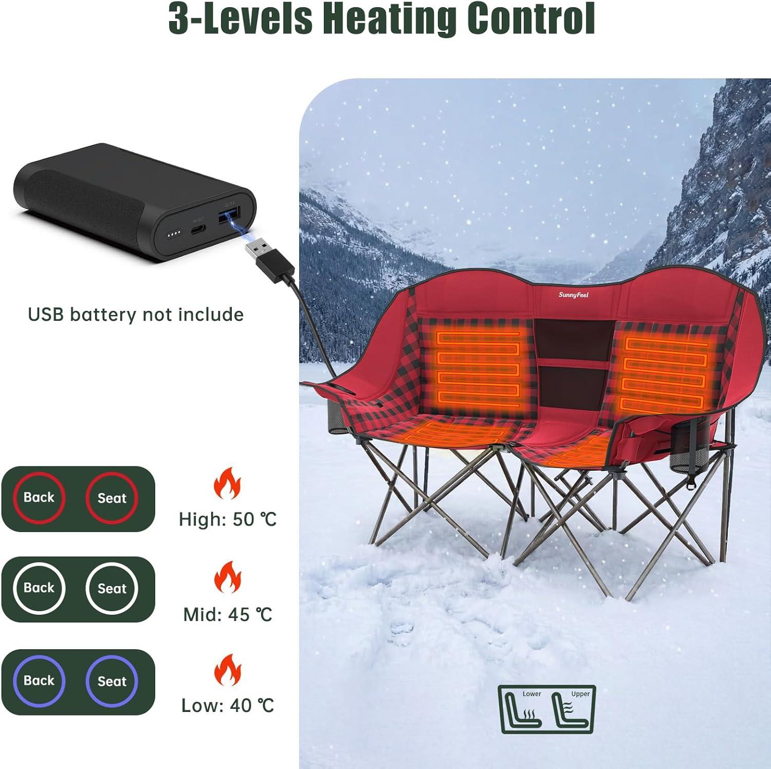 image:imageSUNNYFEEL Heated Double Camping Chair Oversized Folding Loveseat Chair Heavy Duty PortableFoldable Lawn Chair for BeachOutdoorTravelPicnic Fold Up Camp Chairs for Adults 2 PeopleRed