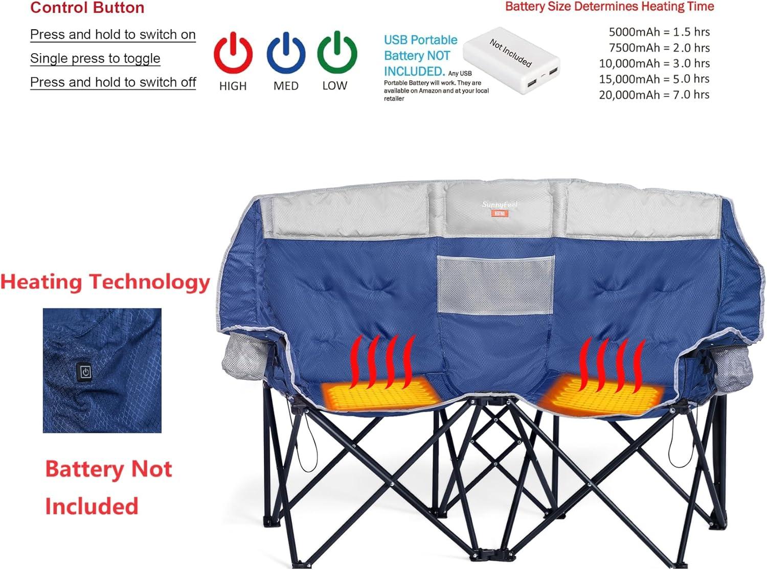 image:imageSUNNYFEEL Heated Double Camping Chair Oversized Folding Loveseat Chair Heavy Duty PortableFoldable Lawn Chair for BeachOutdoorTravelPicnic Fold Up Camp Chairs for Adults 2 PeopleBlue