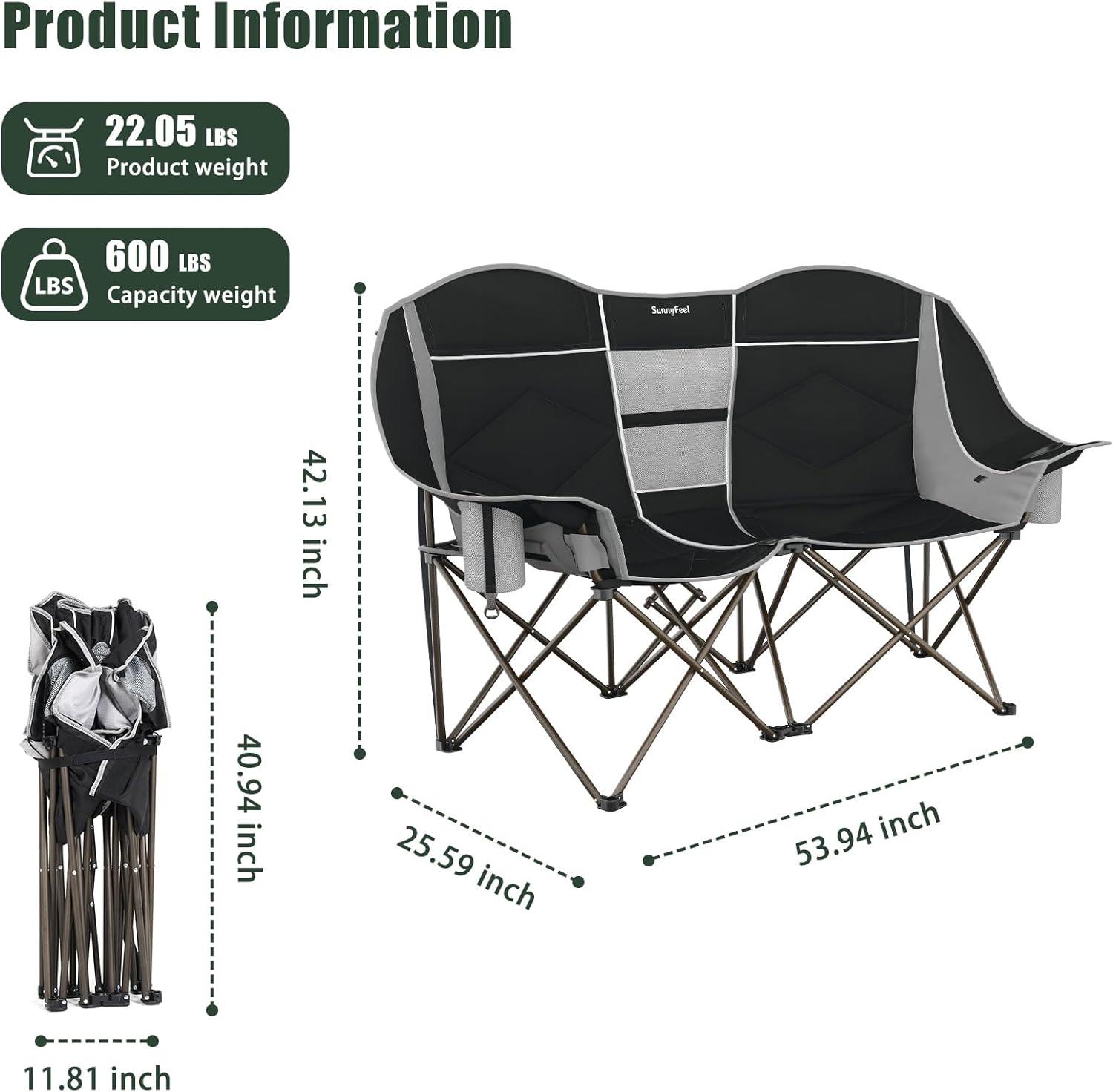 image:imageSUNNYFEEL Heated Double Camping Chair Oversized Folding Loveseat Chair Heavy Duty PortableFoldable Lawn Chair for BeachOutdoorTravelPicnic Fold Up Camp Chairs for Adults 2 PeopleBlack2