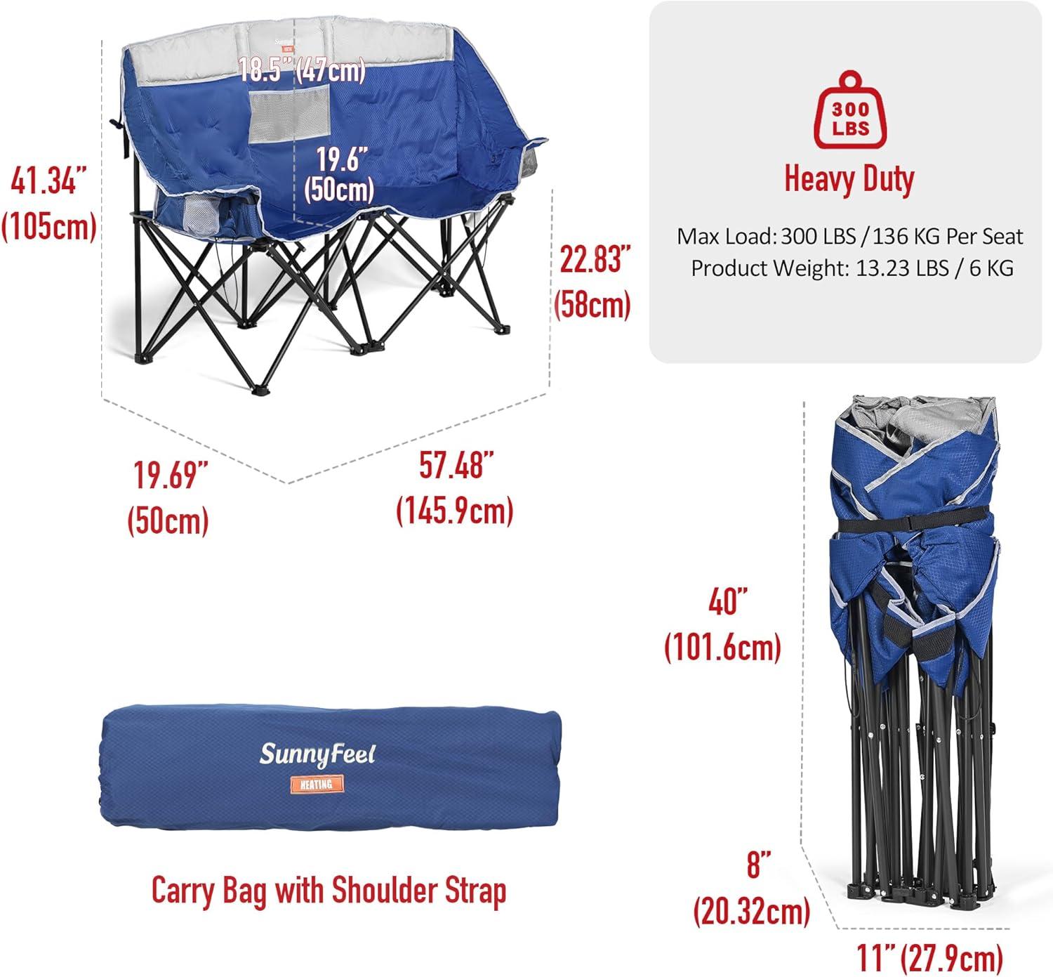 image:imageSUNNYFEEL Heated Double Camping Chair Oversized Folding Loveseat Chair Heavy Duty PortableFoldable Lawn Chair for BeachOutdoorTravelPicnic Fold Up Camp Chairs for Adults 2 PeopleBlue