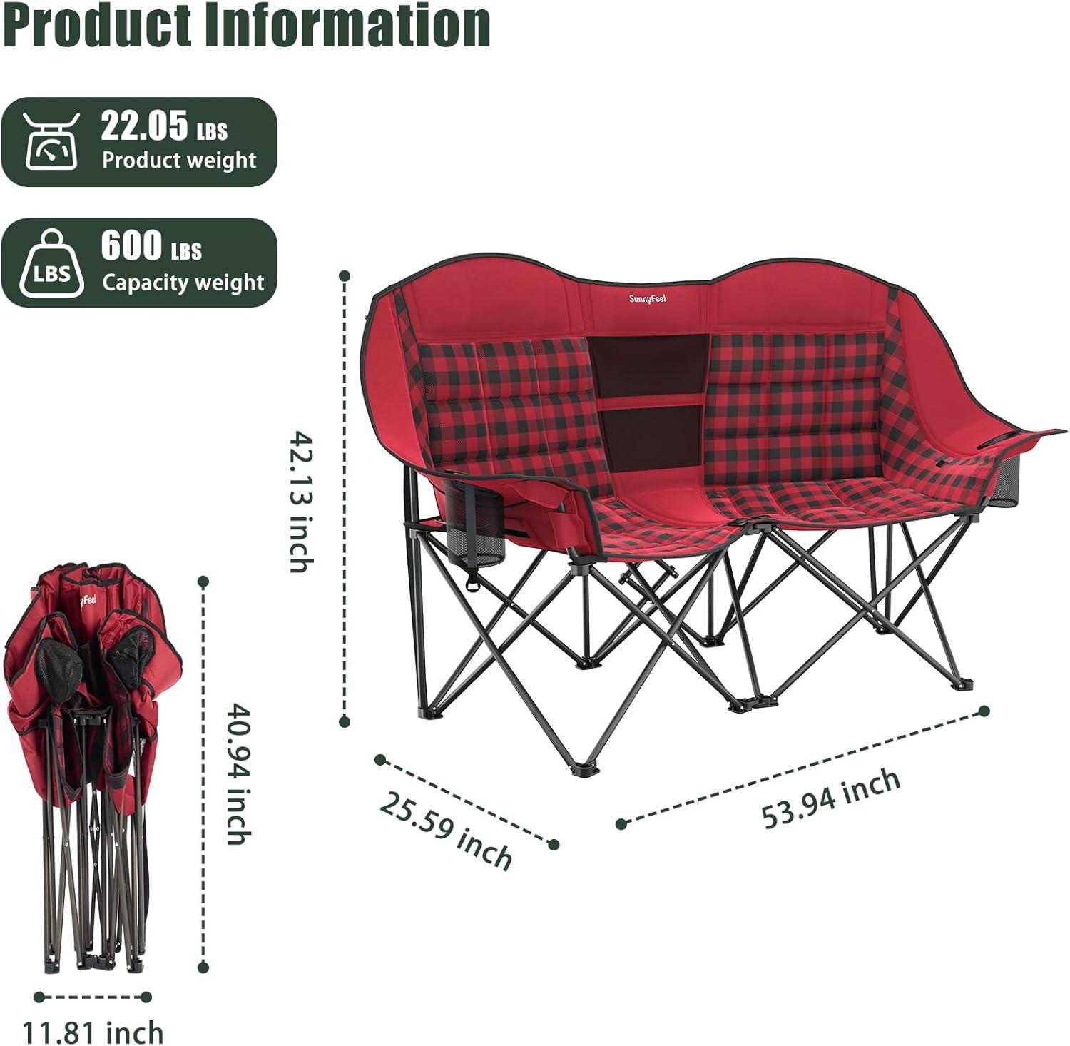 image:imageSUNNYFEEL Heated Double Camping Chair Oversized Folding Loveseat Chair Heavy Duty PortableFoldable Lawn Chair for BeachOutdoorTravelPicnic Fold Up Camp Chairs for Adults 2 PeopleRed