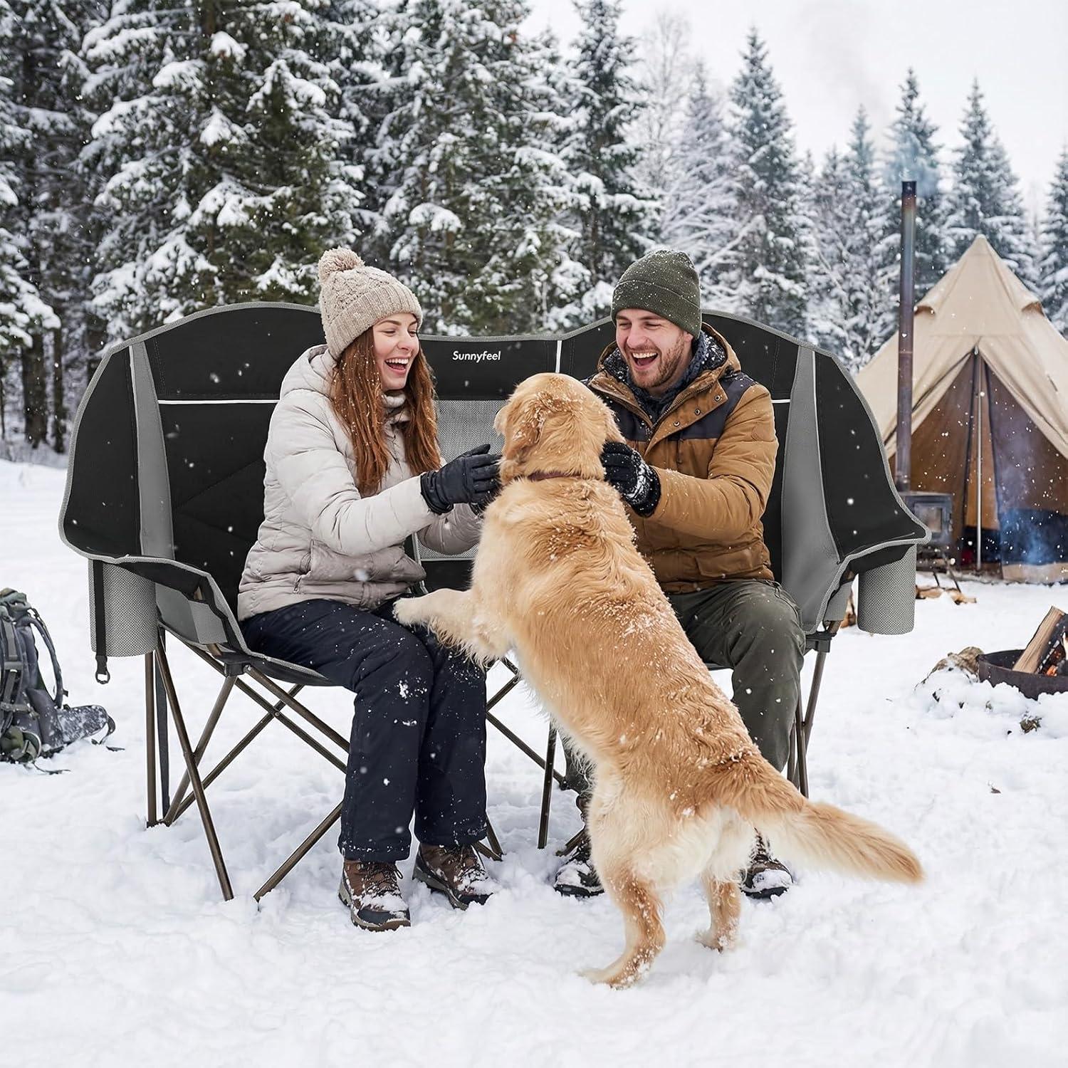 image:imageSUNNYFEEL Heated Double Camping Chair Oversized Folding Loveseat Chair Heavy Duty PortableFoldable Lawn Chair for BeachOutdoorTravelPicnic Fold Up Camp Chairs for Adults 2 PeopleBlack2