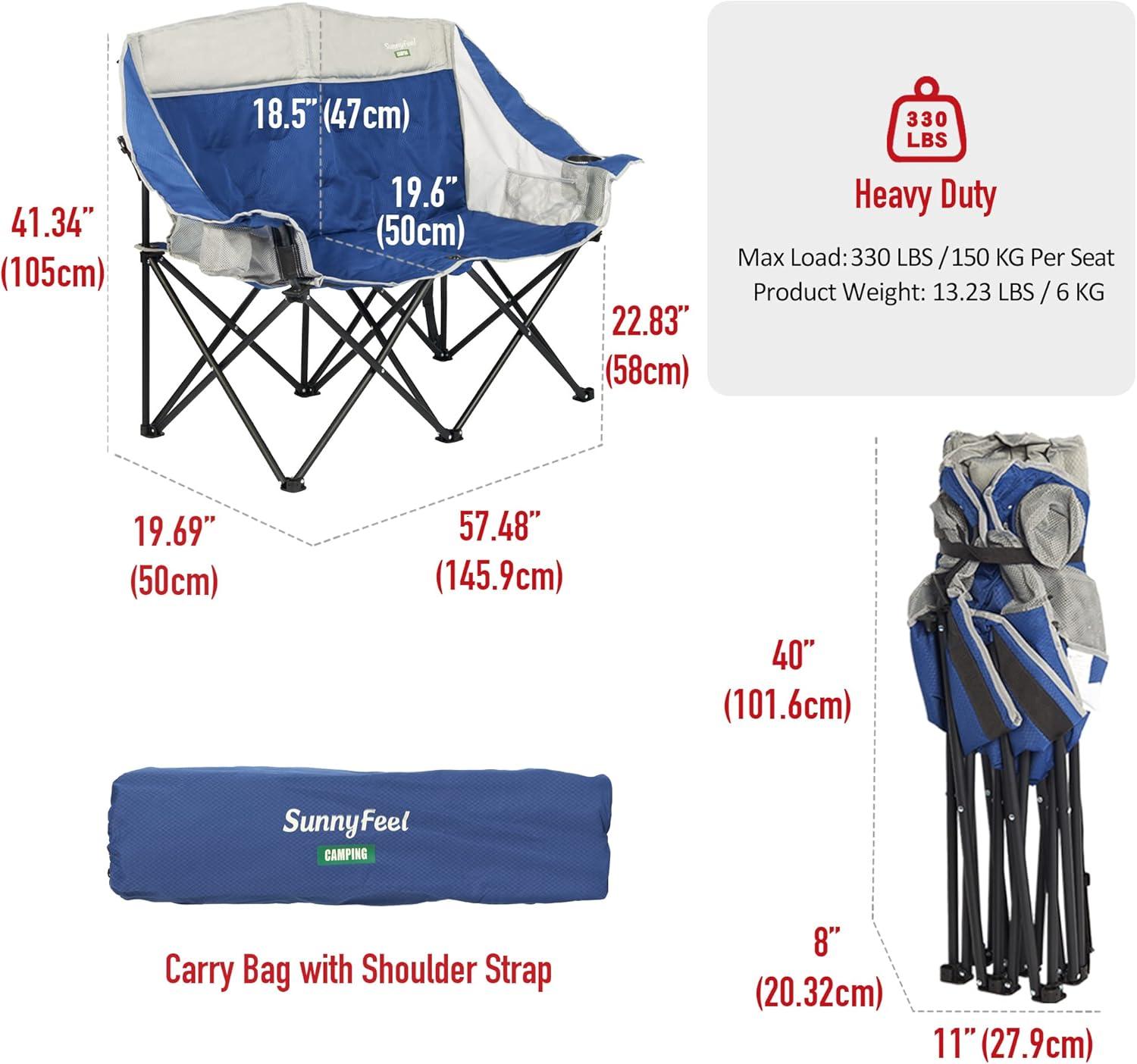 image:imageSUNNYFEEL Heated Double Camping Chair Oversized Folding Loveseat Chair Heavy Duty PortableFoldable Lawn Chair for BeachOutdoorTravelPicnic Fold Up Camp Chairs for Adults 2 PeopleBlue2