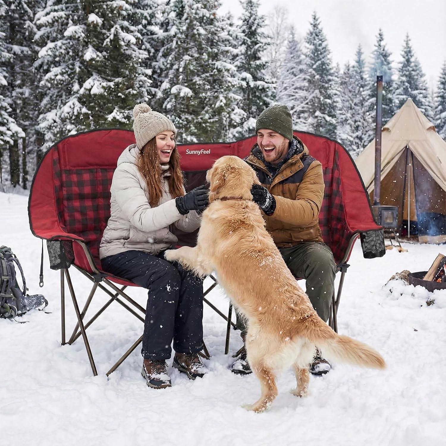 image:imageSUNNYFEEL Heated Double Camping Chair Oversized Folding Loveseat Chair Heavy Duty PortableFoldable Lawn Chair for BeachOutdoorTravelPicnic Fold Up Camp Chairs for Adults 2 PeopleRed