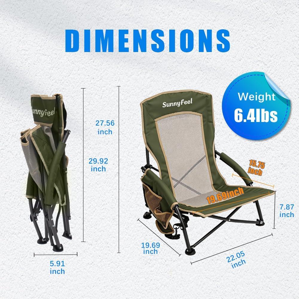 image:imageSUNNYFEEL Low Folding Beach Chair for Adults Portable Lightweight Sling Beach Camping Chairs with Cup Holder ArmrestFoldable Camp Lawn Chair for Outdoor Sand Concert Travel Sport Events300LBSGreen2set