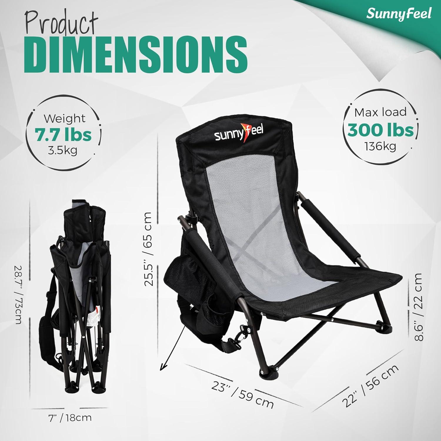 image:imageSUNNYFEEL Low Folding Beach Chair for Adults Portable Lightweight Sling Beach Camping Chairs with Cup Holder ArmrestFoldable Camp Lawn Chair for Outdoor Sand Concert Travel Sport Events300LBSBlack