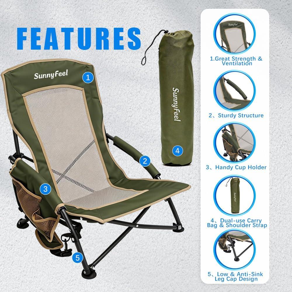 image:imageSUNNYFEEL Low Folding Beach Chair for Adults Portable Lightweight Sling Beach Camping Chairs with Cup Holder ArmrestFoldable Camp Lawn Chair for Outdoor Sand Concert Travel Sport Events300LBSGreen2set
