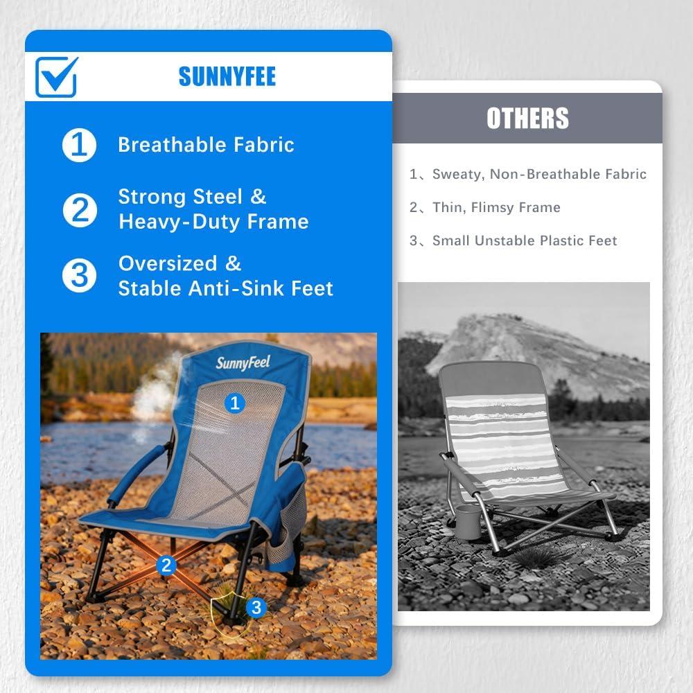 image:imageSUNNYFEEL Low Folding Beach Chair for Adults Portable Lightweight Sling Beach Camping Chairs with Cup Holder ArmrestFoldable Camp Lawn Chair for Outdoor Sand Concert Travel Sport Events300LBSBlue2set