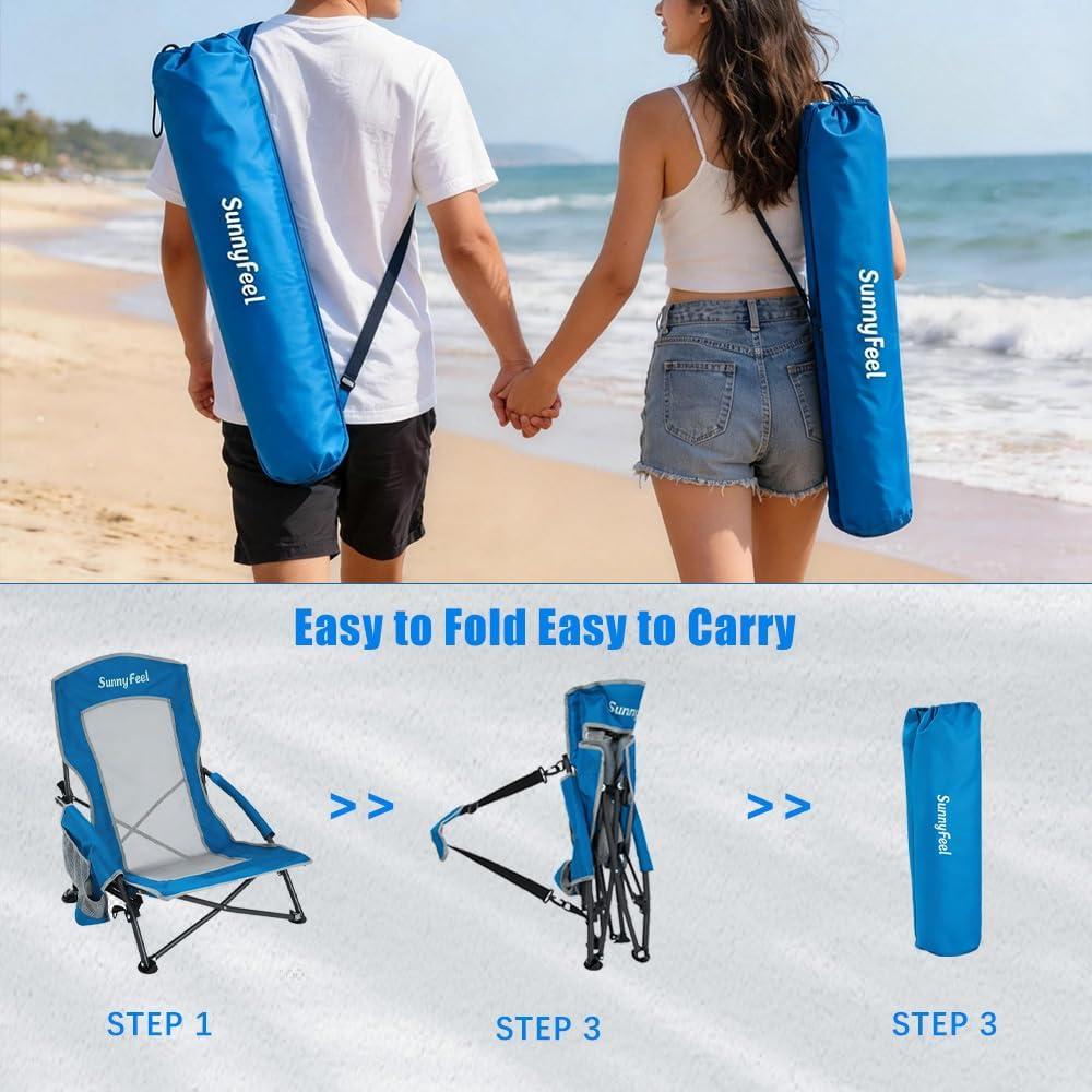 image:imageSUNNYFEEL Low Folding Beach Chair for Adults Portable Lightweight Sling Beach Camping Chairs with Cup Holder ArmrestFoldable Camp Lawn Chair for Outdoor Sand Concert Travel Sport Events300LBSBlue2set