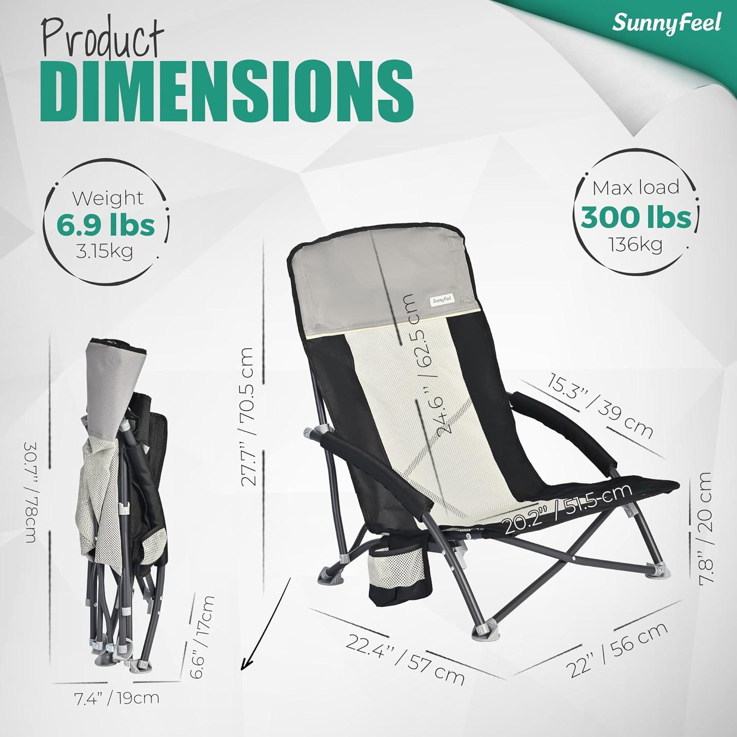 image:imageSUNNYFEEL Low Folding Beach Chair for Adults Portable Lightweight Sling Beach Camping Chairs with Cup Holder ArmrestFoldable Camp Lawn Chair for Outdoor Sand Concert Travel Sport Events300LBSBlack Grey2set