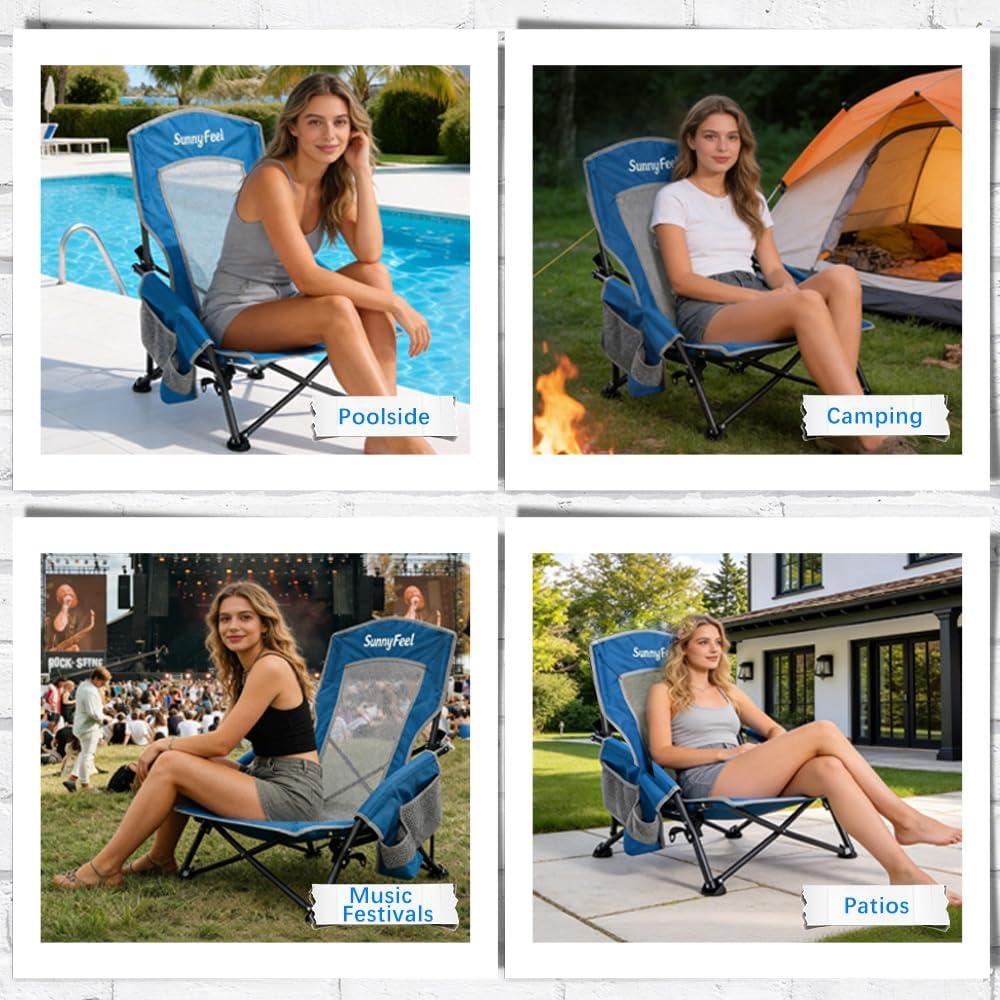image:imageSUNNYFEEL Low Folding Beach Chair for Adults Portable Lightweight Sling Beach Camping Chairs with Cup Holder ArmrestFoldable Camp Lawn Chair for Outdoor Sand Concert Travel Sport Events300LBSBlue2set