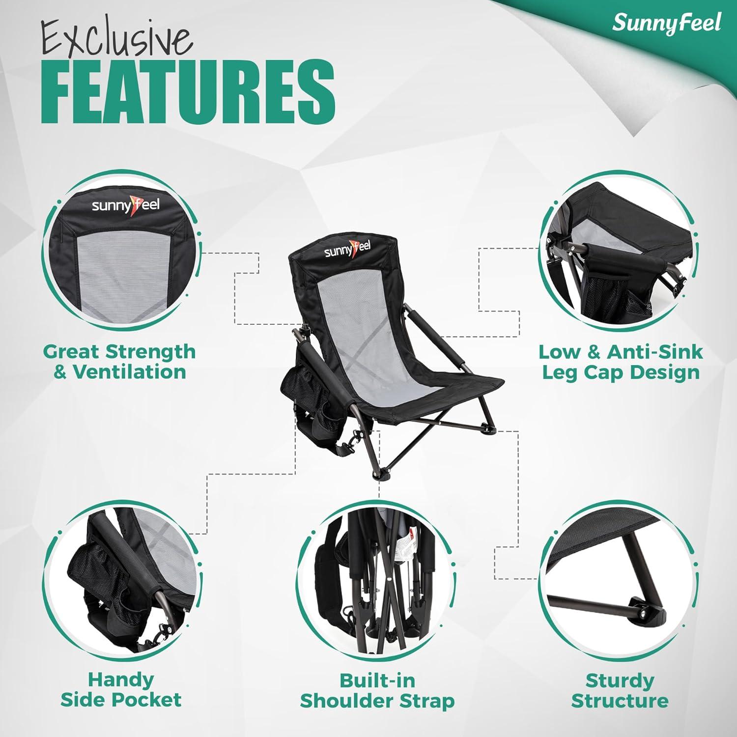 image:imageSUNNYFEEL Low Folding Beach Chair for Adults Portable Lightweight Sling Beach Camping Chairs with Cup Holder ArmrestFoldable Camp Lawn Chair for Outdoor Sand Concert Travel Sport Events300LBSBlack