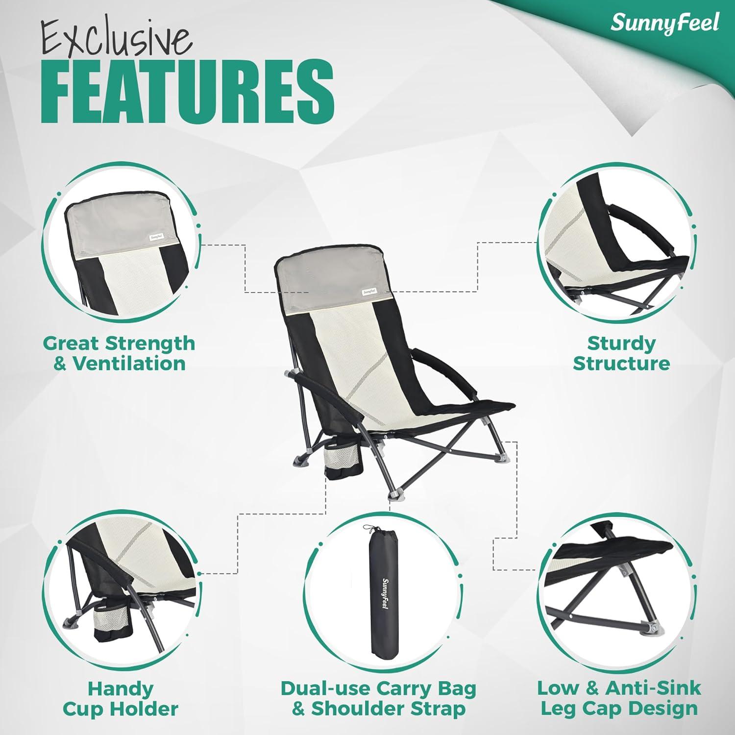 image:imageSUNNYFEEL Low Folding Beach Chair for Adults Portable Lightweight Sling Beach Camping Chairs with Cup Holder ArmrestFoldable Camp Lawn Chair for Outdoor Sand Concert Travel Sport Events300LBSBlack Grey2set
