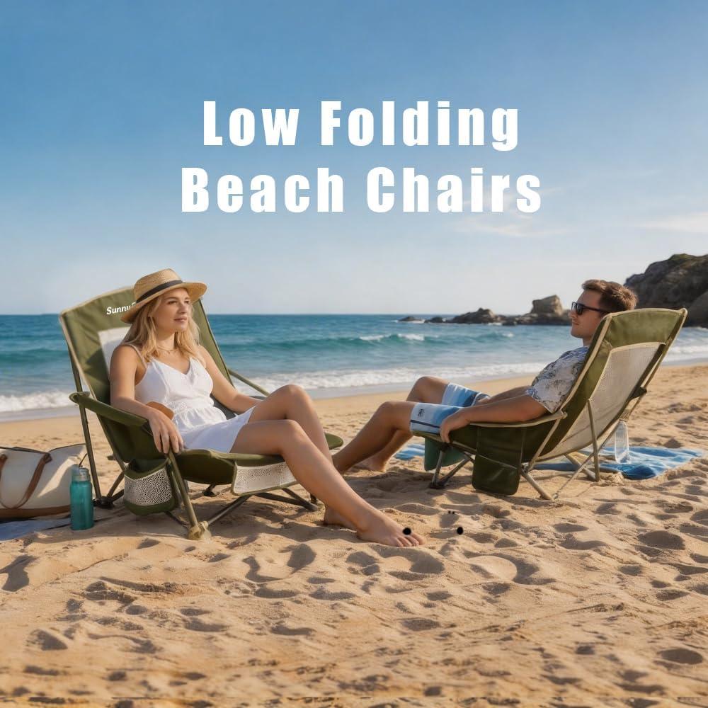 image:imageSUNNYFEEL Low Folding Beach Chair for Adults Portable Lightweight Sling Beach Camping Chairs with Cup Holder ArmrestFoldable Camp Lawn Chair for Outdoor Sand Concert Travel Sport Events300LBSGreen2set