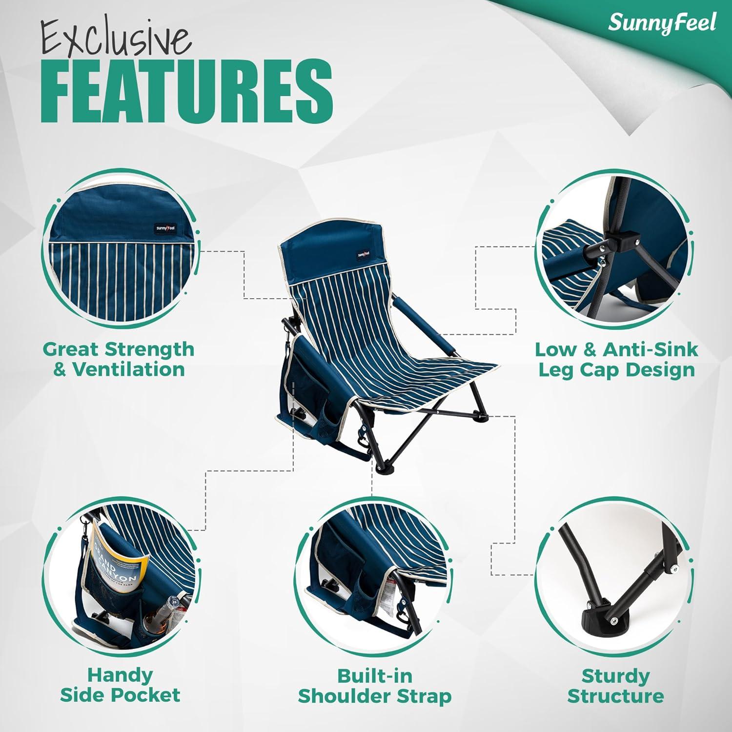 image:imageSUNNYFEEL Low Folding Beach Chair for Adults Portable Lightweight Sling Beach Camping Chairs with Cup Holder ArmrestFoldable Camp Lawn Chair for Outdoor Sand Concert Travel Sport Events300LBSNavy Blue2set