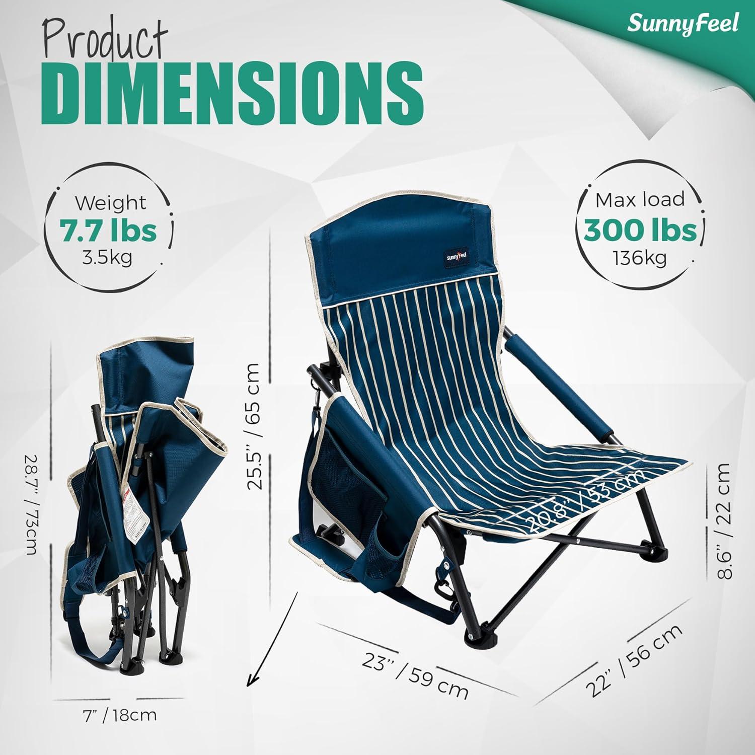 image:imageSUNNYFEEL Low Folding Beach Chair for Adults Portable Lightweight Sling Beach Camping Chairs with Cup Holder ArmrestFoldable Camp Lawn Chair for Outdoor Sand Concert Travel Sport Events300LBSNavy Blue2set