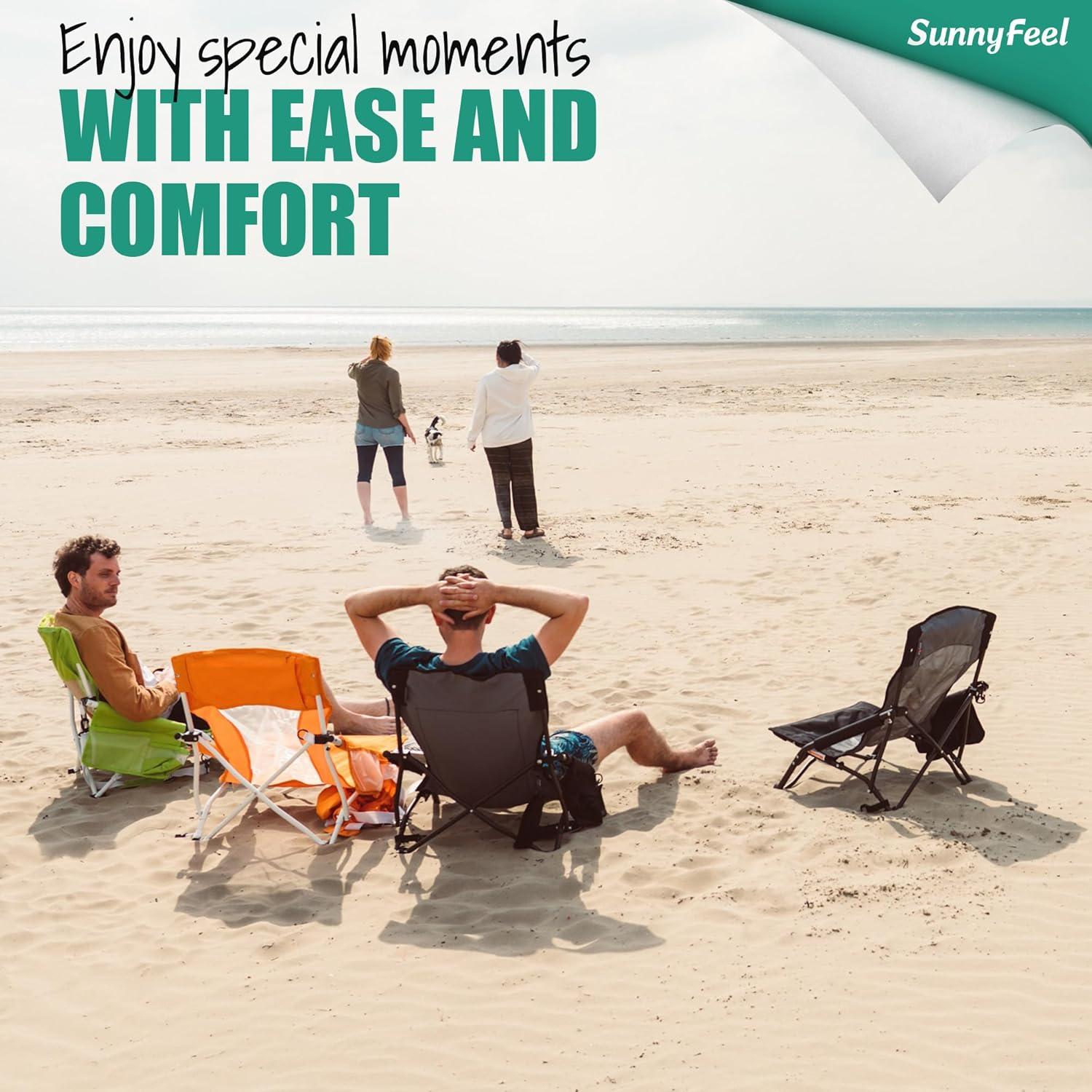 image:imageSUNNYFEEL Low Folding Beach Chair for Adults Portable Lightweight Sling Beach Camping Chairs with Cup Holder ArmrestFoldable Camp Lawn Chair for Outdoor Sand Concert Travel Sport Events300LBSBlack