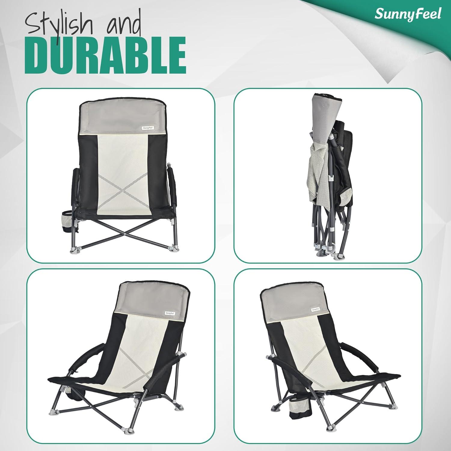 image:imageSUNNYFEEL Low Folding Beach Chair for Adults Portable Lightweight Sling Beach Camping Chairs with Cup Holder ArmrestFoldable Camp Lawn Chair for Outdoor Sand Concert Travel Sport Events300LBSBlack Grey2set
