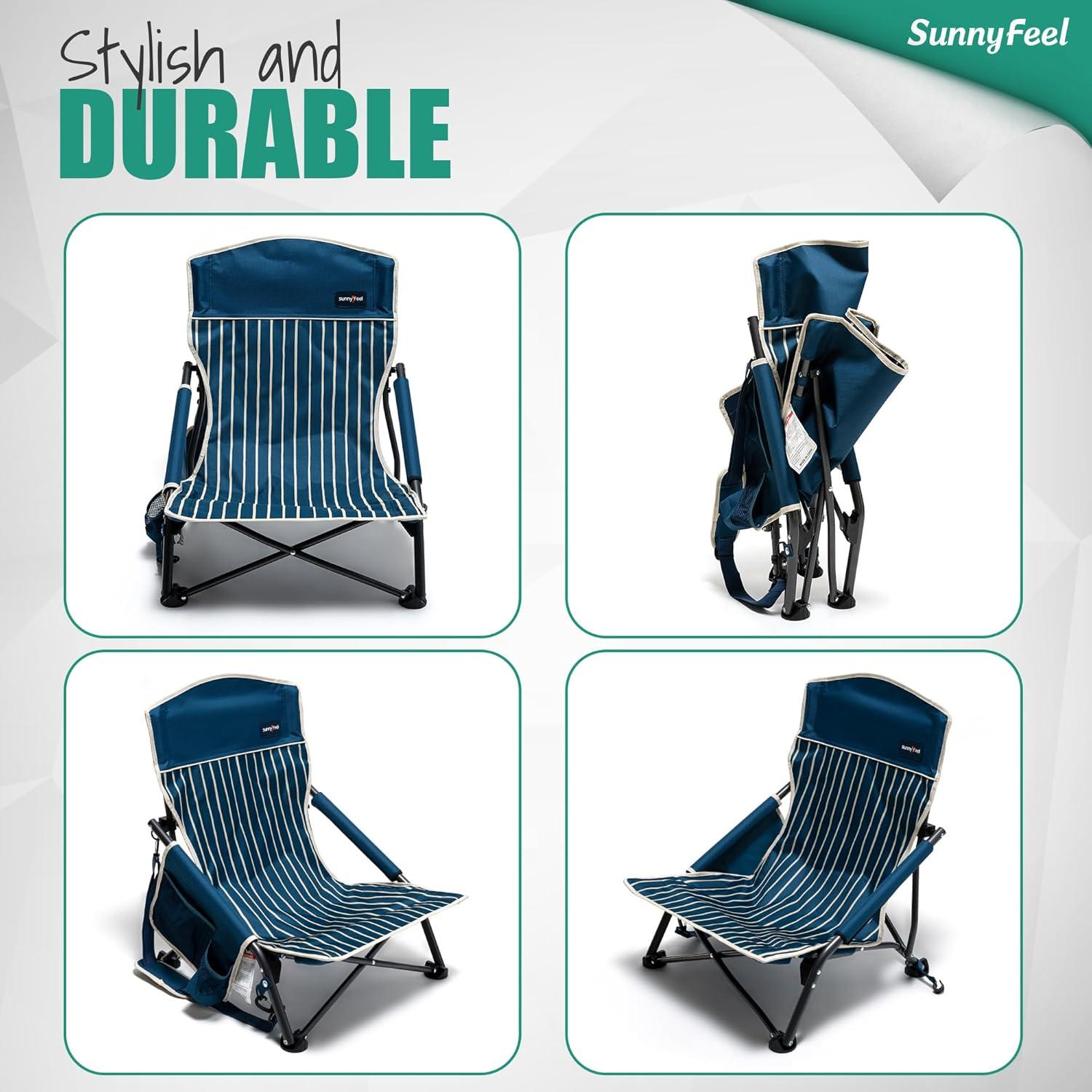image:imageSUNNYFEEL Low Folding Beach Chair for Adults Portable Lightweight Sling Beach Camping Chairs with Cup Holder ArmrestFoldable Camp Lawn Chair for Outdoor Sand Concert Travel Sport Events300LBSNavy Blue2set