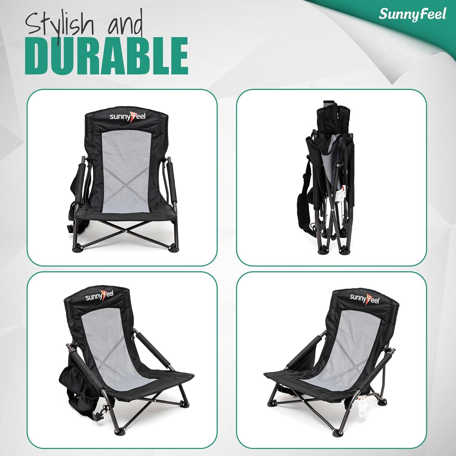 image:imageSUNNYFEEL Low Folding Beach Chair for Adults Portable Lightweight Sling Beach Camping Chairs with Cup Holder ArmrestFoldable Camp Lawn Chair for Outdoor Sand Concert Travel Sport Events300LBSBlack
