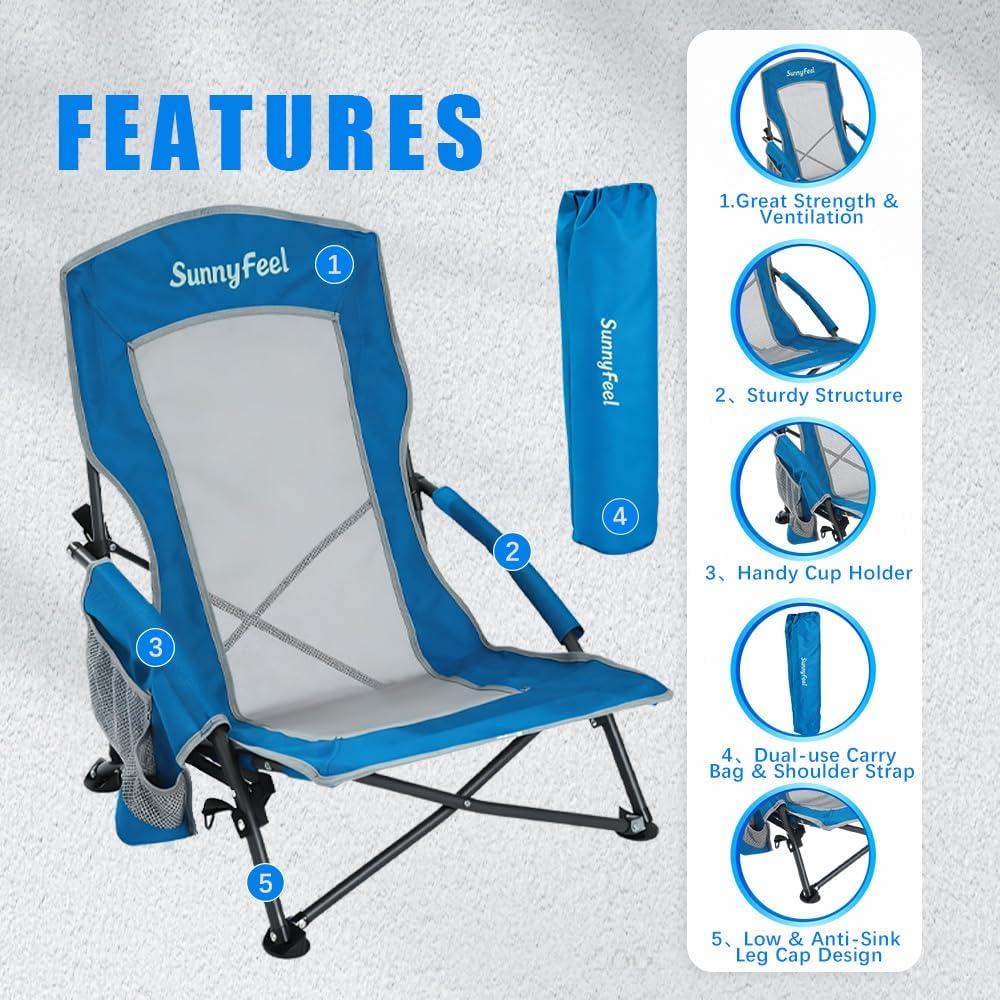 image:imageSUNNYFEEL Low Folding Beach Chair for Adults Portable Lightweight Sling Beach Camping Chairs with Cup Holder ArmrestFoldable Camp Lawn Chair for Outdoor Sand Concert Travel Sport Events300LBSBlue2set