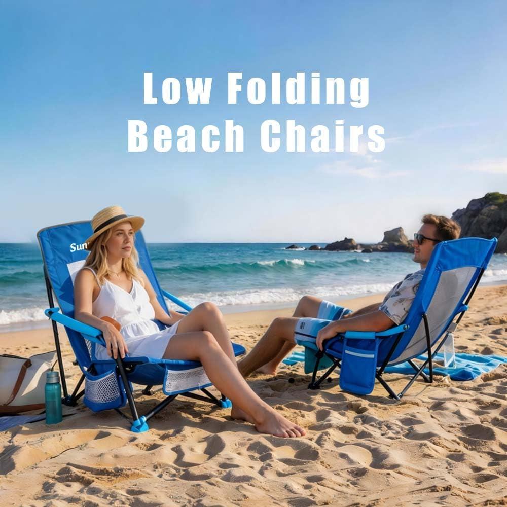 image:imageSUNNYFEEL Low Folding Beach Chair for Adults Portable Lightweight Sling Beach Camping Chairs with Cup Holder ArmrestFoldable Camp Lawn Chair for Outdoor Sand Concert Travel Sport Events300LBSBlue2set