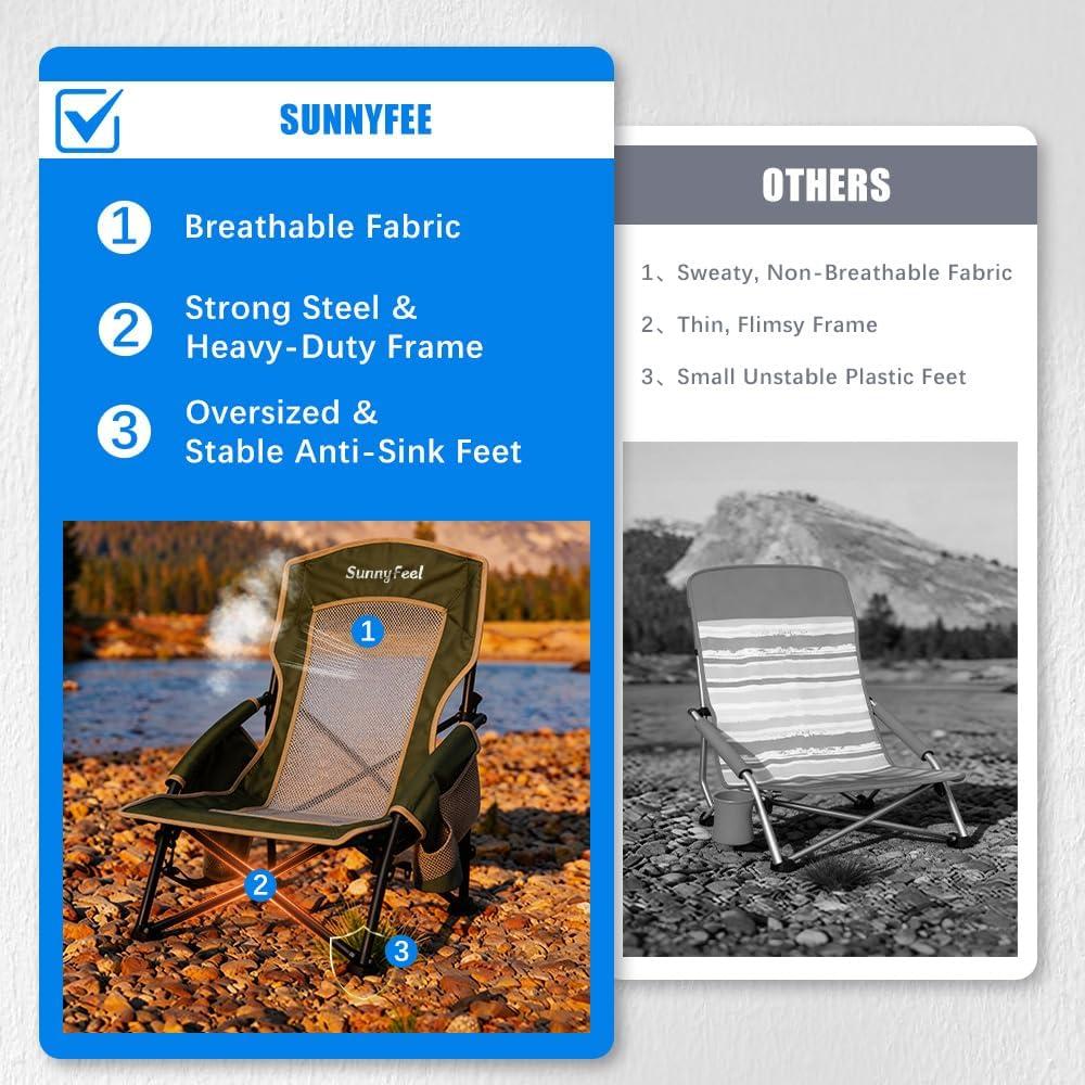 image:imageSUNNYFEEL Low Folding Beach Chair for Adults Portable Lightweight Sling Beach Camping Chairs with Cup Holder ArmrestFoldable Camp Lawn Chair for Outdoor Sand Concert Travel Sport Events300LBSGreen2set
