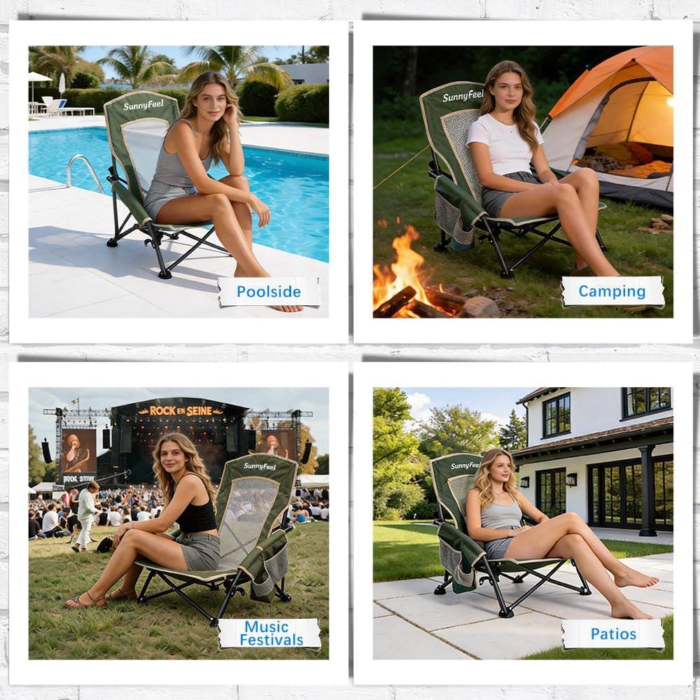 image:imageSUNNYFEEL Low Folding Beach Chair for Adults Portable Lightweight Sling Beach Camping Chairs with Cup Holder ArmrestFoldable Camp Lawn Chair for Outdoor Sand Concert Travel Sport Events300LBSGreen2set