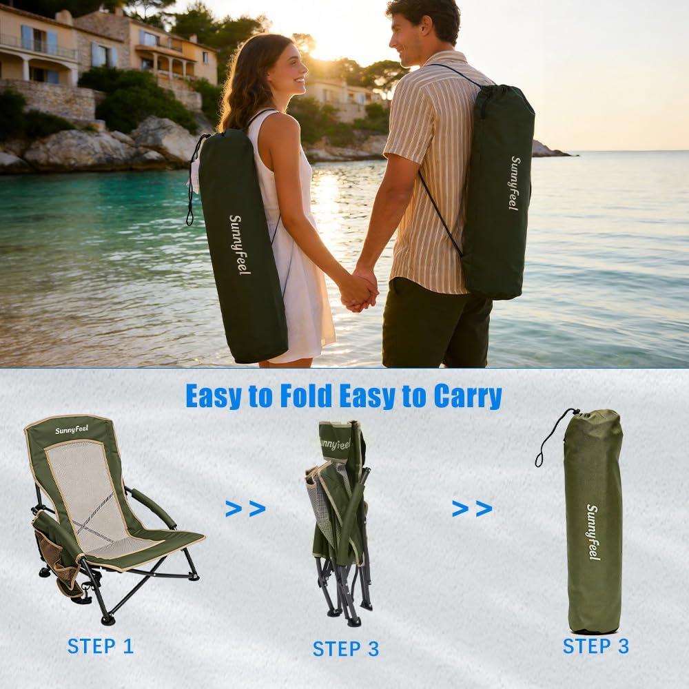 image:imageSUNNYFEEL Low Folding Beach Chair for Adults Portable Lightweight Sling Beach Camping Chairs with Cup Holder ArmrestFoldable Camp Lawn Chair for Outdoor Sand Concert Travel Sport Events300LBSGreen2set