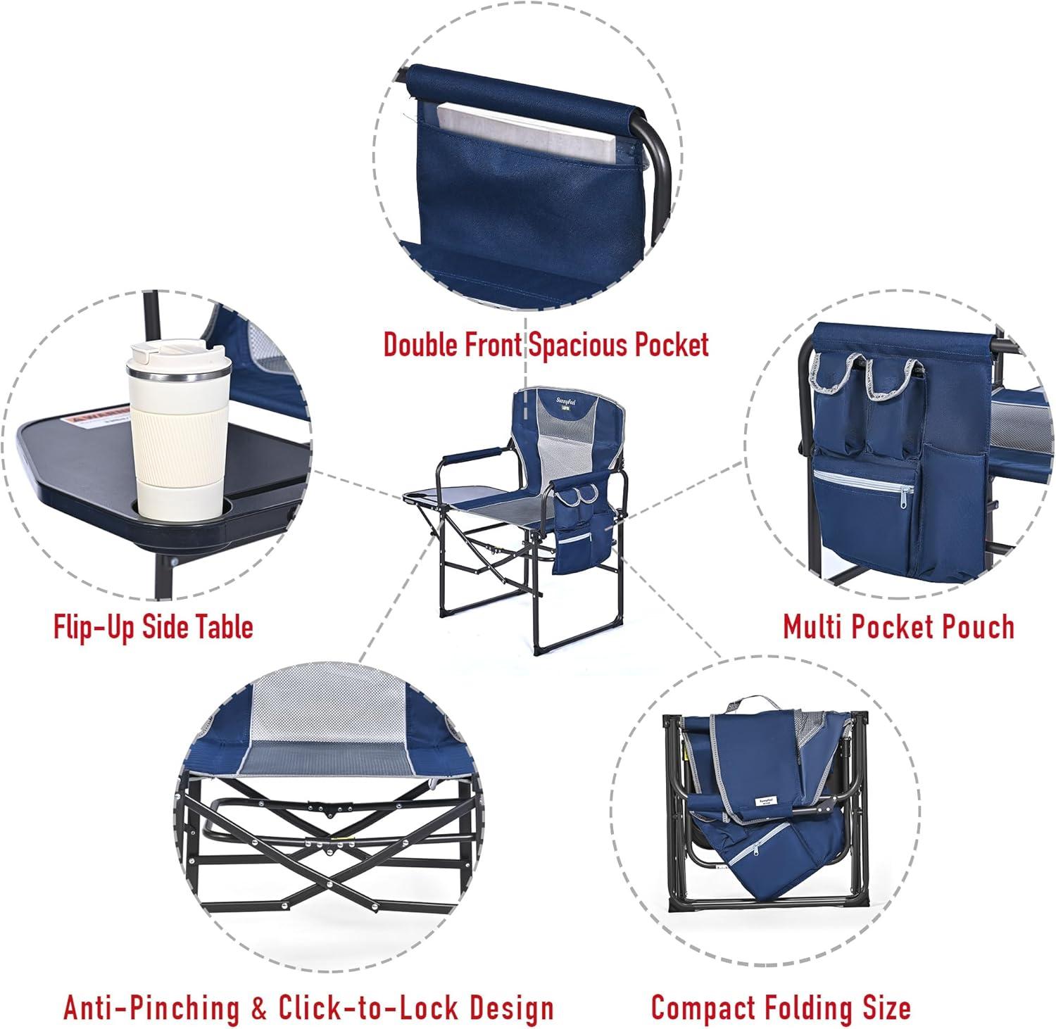 image:imageSUNNYFEEL Oversized Camping Directors Chair Portable Folding Lawn Chairs for Adults Heavy Duty with Side TablePocket for Beach FishingPicnicConcertTailgatingOutdoor Foldable Camp ChairNavy Blue