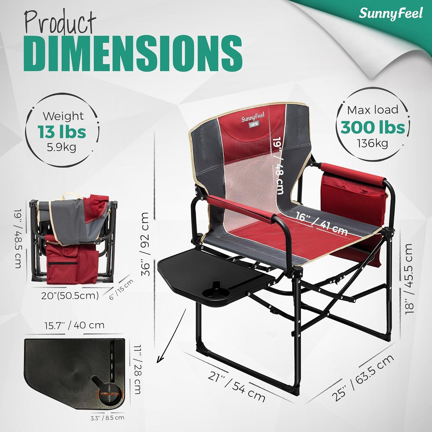 image:imageSUNNYFEEL Oversized Camping Directors Chair Portable Folding Lawn Chairs for Adults Heavy Duty with Side TablePocket for Beach FishingPicnicConcertTailgatingOutdoor Foldable Camp ChairRed