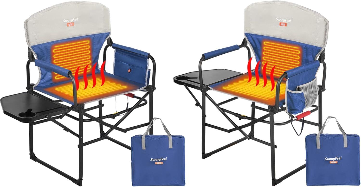 image:imageSUNNYFEEL Oversized Camping Directors Chair Portable Folding Lawn Chairs for Adults Heavy Duty with Side TablePocket for Beach FishingPicnicConcertTailgatingOutdoor Foldable Camp ChairHeated Blue