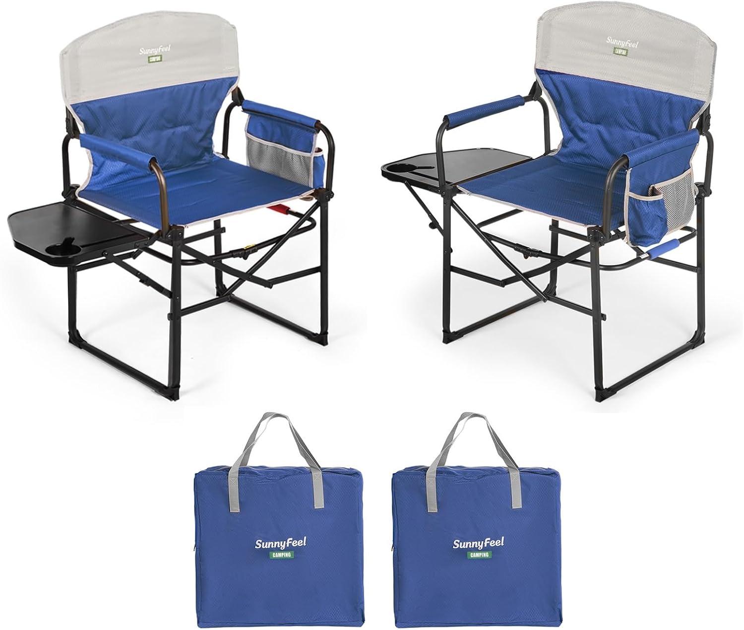 image:imageSUNNYFEEL Oversized Camping Directors Chair Portable Folding Lawn Chairs for Adults Heavy Duty with Side TablePocket for Beach FishingPicnicConcertTailgatingOutdoor Foldable Camp ChairPadded Blue