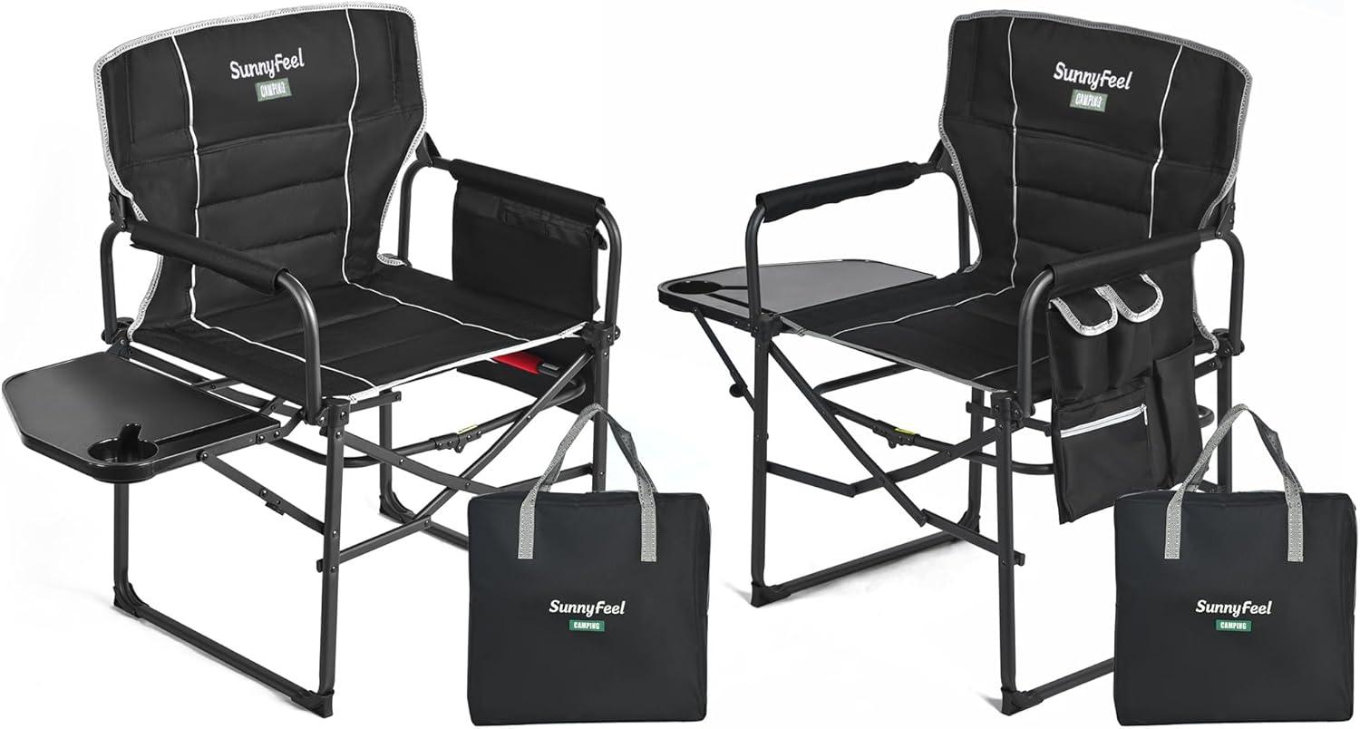 image:imageSUNNYFEEL Oversized Camping Directors Chair Portable Folding Lawn Chairs for Adults Heavy Duty with Side TablePocket for Beach FishingPicnicConcertTailgatingOutdoor Foldable Camp ChairBlack Padded