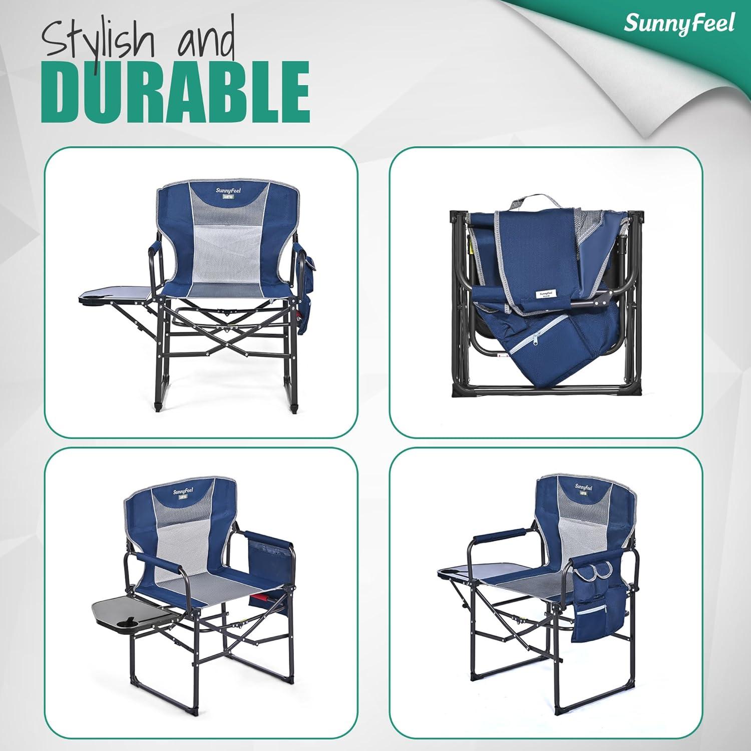 image:imageSUNNYFEEL Oversized Camping Directors Chair Portable Folding Lawn Chairs for Adults Heavy Duty with Side TablePocket for Beach FishingPicnicConcertTailgatingOutdoor Foldable Camp ChairNavy Blue