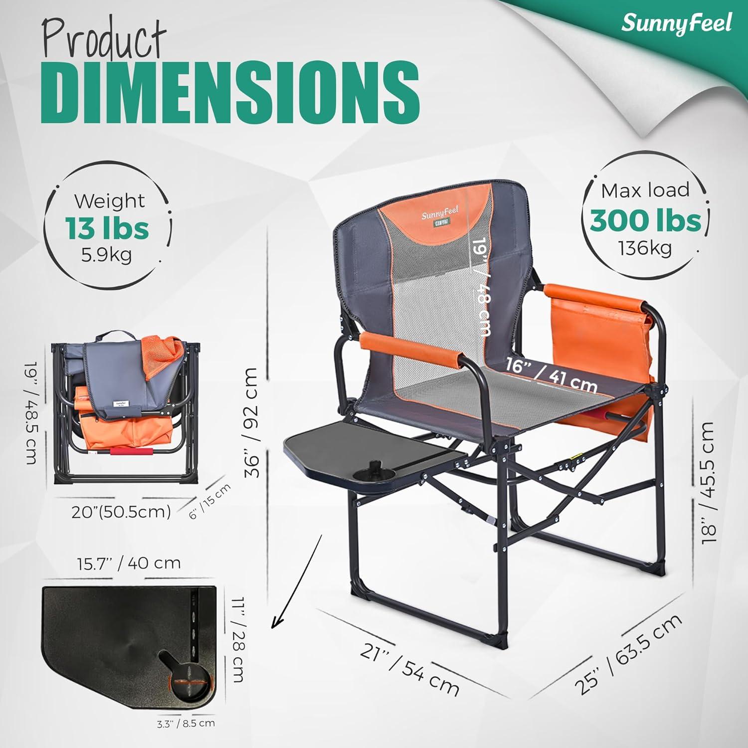image:imageSUNNYFEEL Oversized Camping Directors Chair Portable Folding Lawn Chairs for Adults Heavy Duty with Side TablePocket for Beach FishingPicnicConcertTailgatingOutdoor Foldable Camp ChairOrange