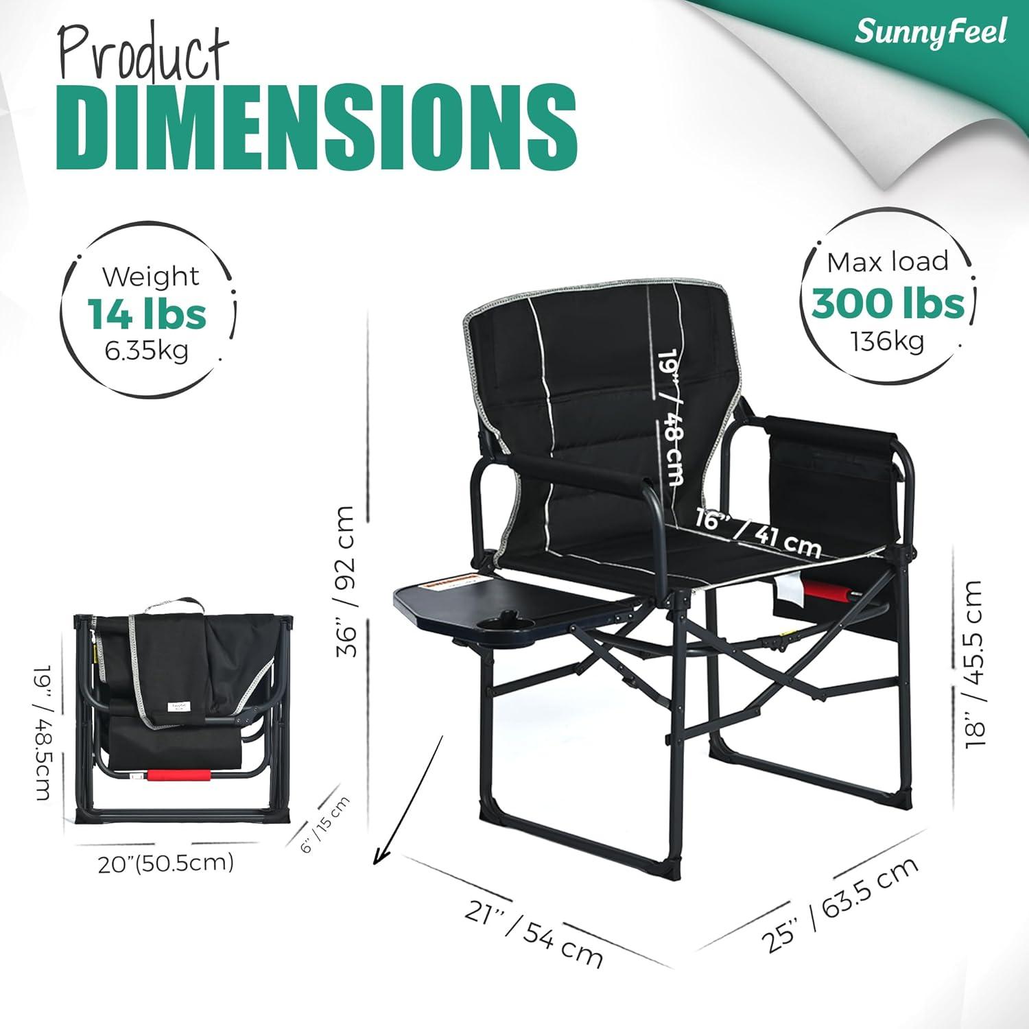 image:imageSUNNYFEEL Oversized Camping Directors Chair Portable Folding Lawn Chairs for Adults Heavy Duty with Side TablePocket for Beach FishingPicnicConcertTailgatingOutdoor Foldable Camp ChairBlack Padded
